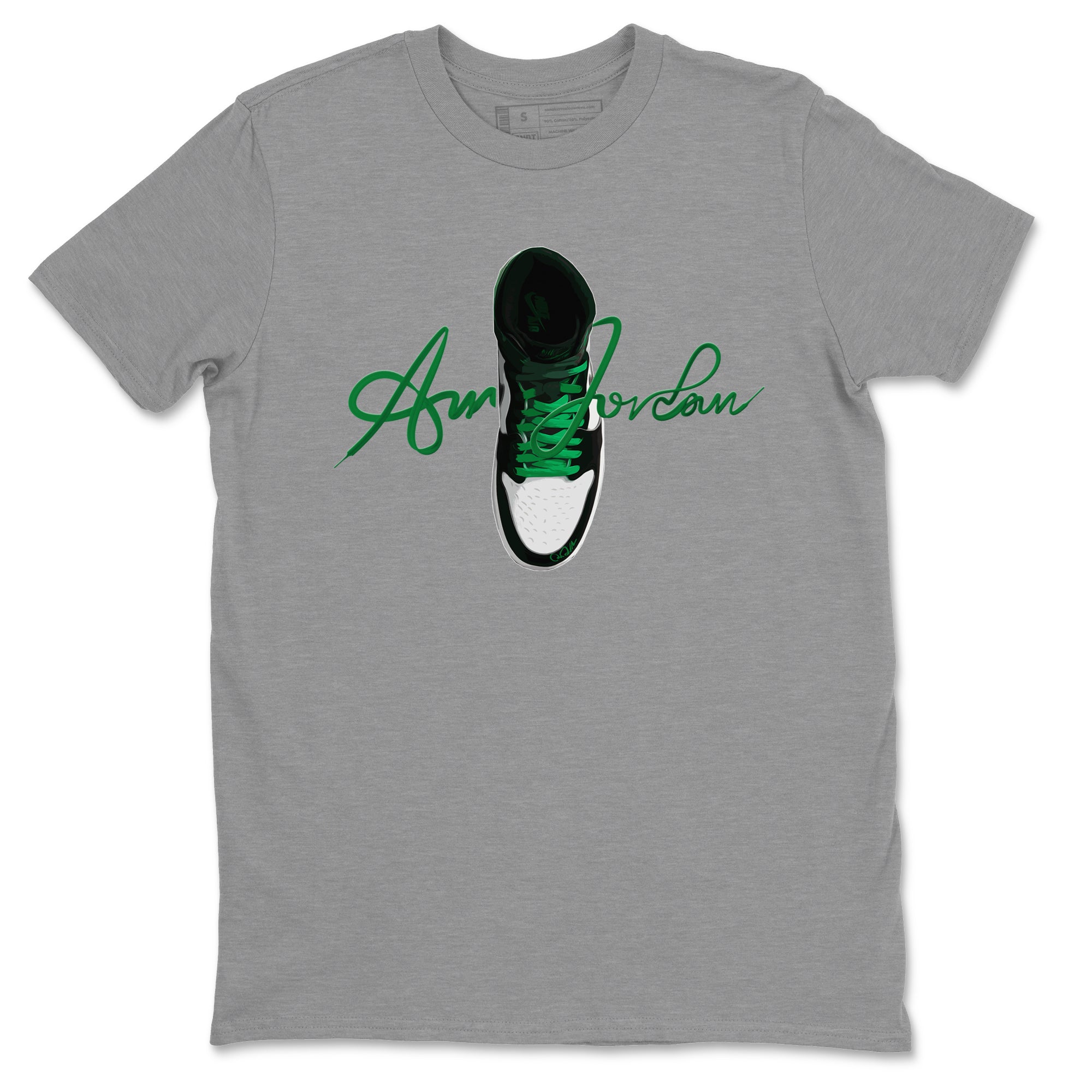 Air Jordan 1 Celtics Sneaker Tees Drip Gear Zone Caligraphy Shoe Lace Sneaker Tees AJ1 High OG Lucky Green Shirt Unisex Shirts Heather Grey 2