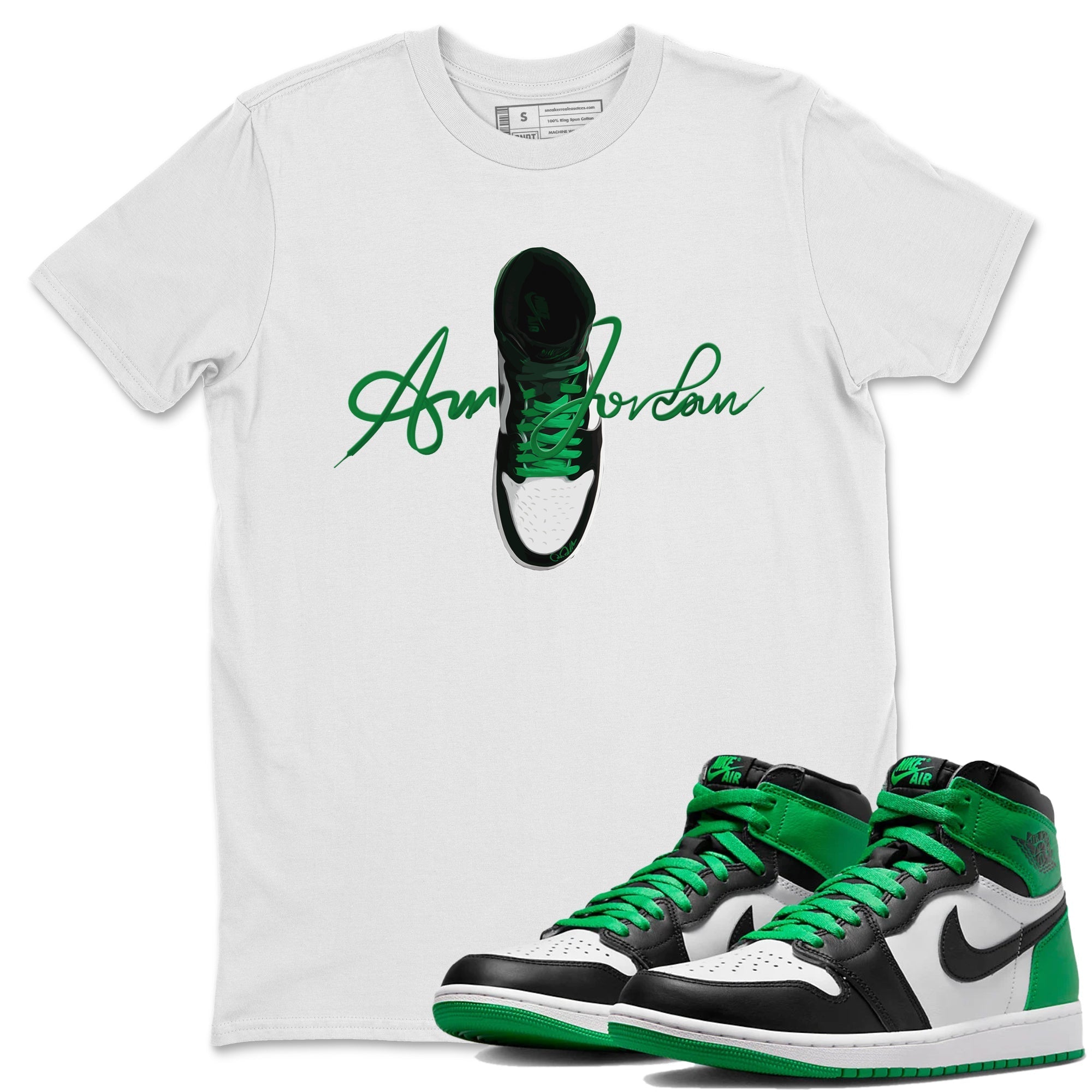 Air Jordan 1 Celtics Sneaker Tees Drip Gear Zone Caligraphy Shoe Lace Sneaker Tees AJ1 High OG Lucky Green Shirt Unisex Shirts White 1