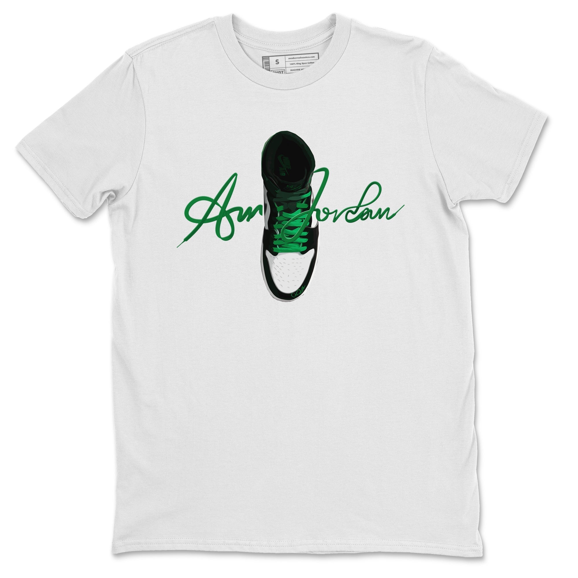 Air Jordan 1 Celtics Sneaker Tees Drip Gear Zone Caligraphy Shoe Lace Sneaker Tees AJ1 High OG Lucky Green Shirt Unisex Shirts White 2