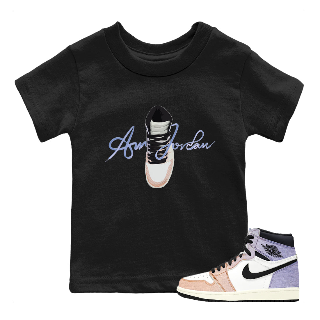 Air Jordan 1 Skyline Sneaker Tees Drip Gear Zone Caligraphy Shoe Lace Sneaker Tees AJ1 Skyline Shirt Kids Shirts Black 1