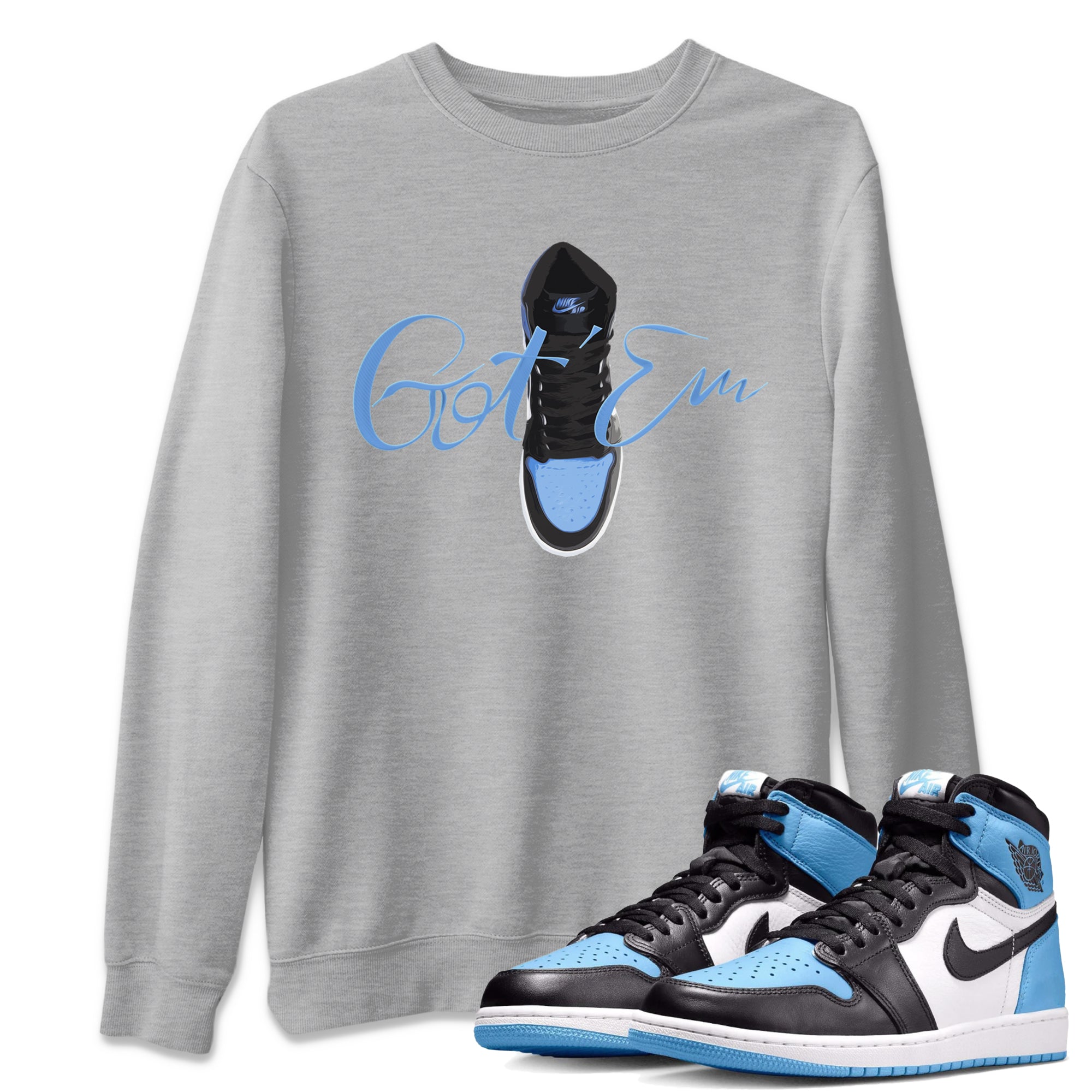 Air Jordan 1 Retro High OG UNC Toe Shirt to match Jordans Caligraphy Shoe Lace Streetwear Sneaker Shirt 1s UNC Toe Drip Gear Zone Sneaker Matching Clothing Crew Neck T-Shirts Heather Grey 1