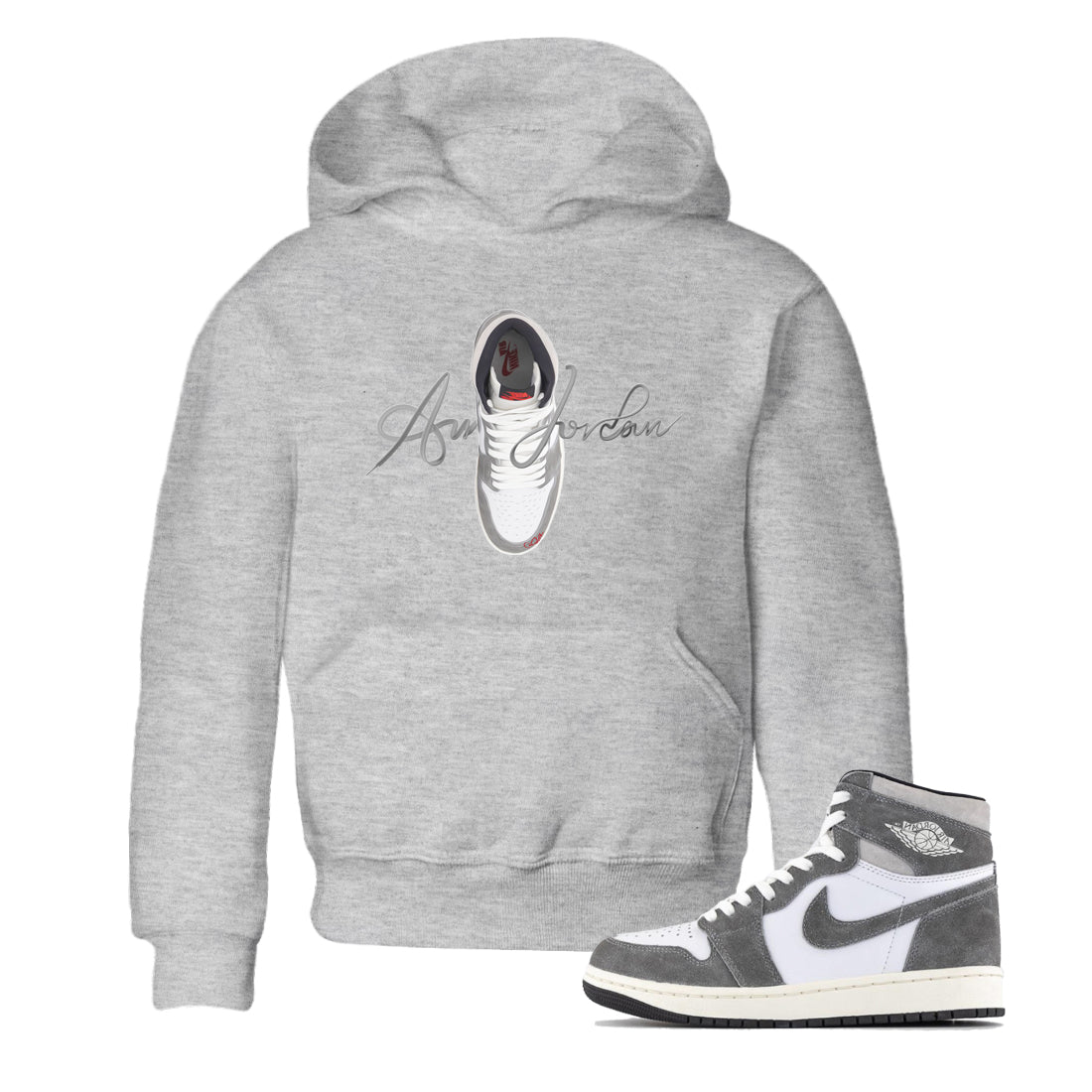 Air Jordan 1 Washed Heritage Sneaker Match Tees Caligraphy Shoe Lace Shirts AJ1 Washed Heritage Drip Gear Zone Kids Shirts Heather Grey 1