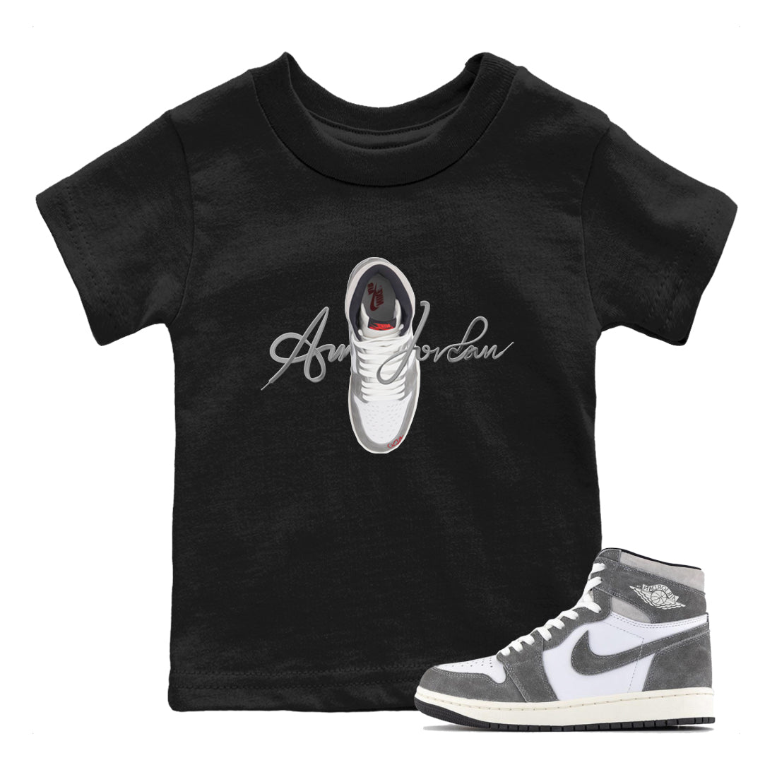 Air Jordan 1 Washed Heritage Sneaker Match Tees Caligraphy Shoe Lace Shirts AJ1 Washed Heritage Drip Gear Zone Kids Shirts Black 1