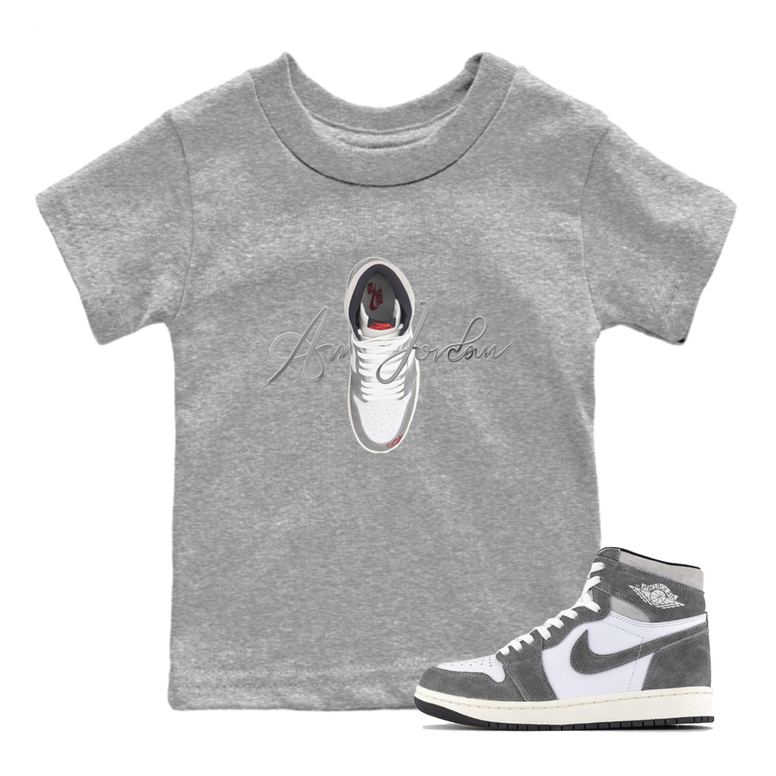 Air Jordan 1 Washed Heritage Sneaker Match Tees Caligraphy Shoe Lace Shirts AJ1 Washed Heritage Drip Gear Zone Kids Shirts Heather Grey 1