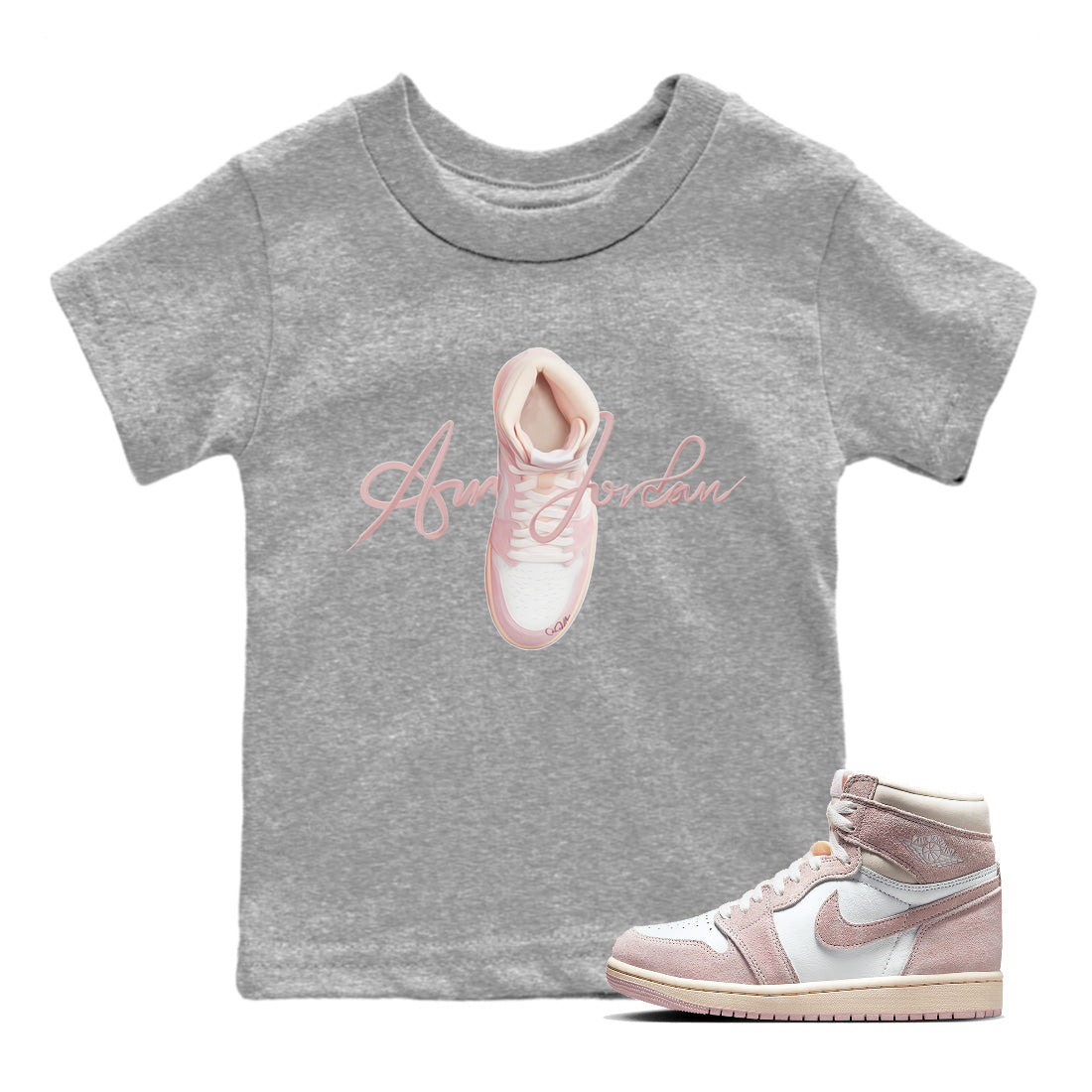 AJ1 Retro High OG Washed Pink Sneaker Tees Drip Gear Zone Caligraphy Shoe Lace Sneaker Tees AJ1 Retro High OG Washed Pink Shirt Kids Shirts Heather Grey 1