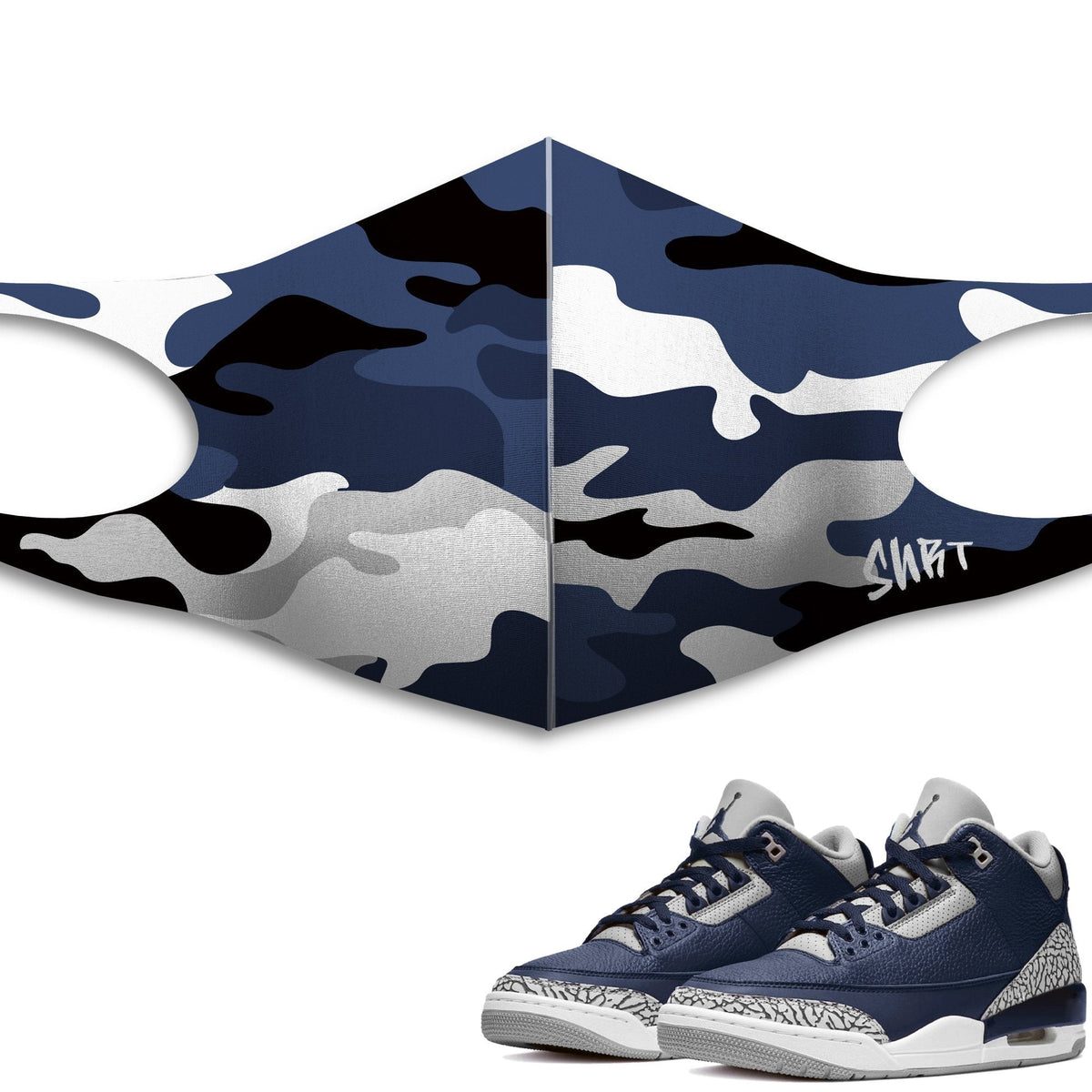 Air Jordan 3 Retro Midnight Navy Sneaker Matching Unisex Adult Premium Face Mask Camo Print design Mask