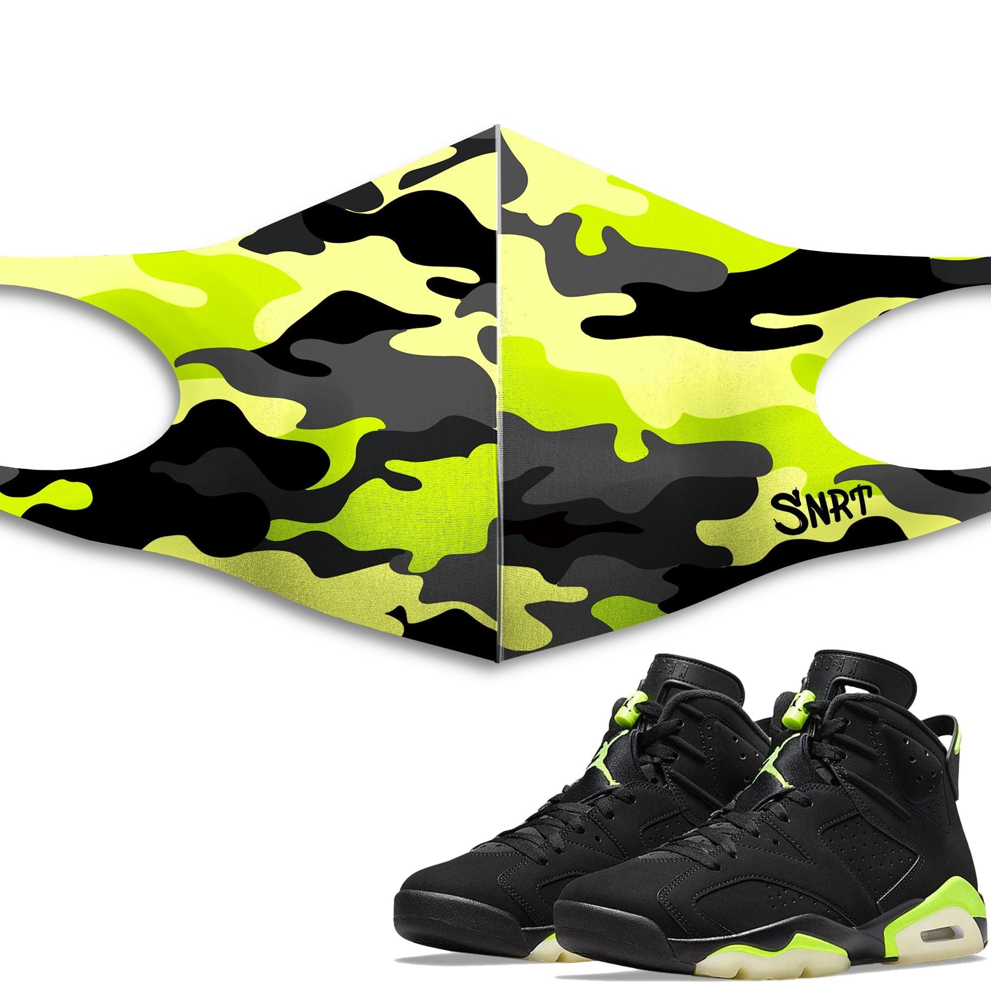 Air Jordan 6 Retro Electric Green Sneaker Matching Mask Outfits AJ6 Electric Green Sneaker Matching Accessories Collection Drip Gear Zone Sneaker Matching Clothing Unisex High Quality Face Mask Camo design Mask