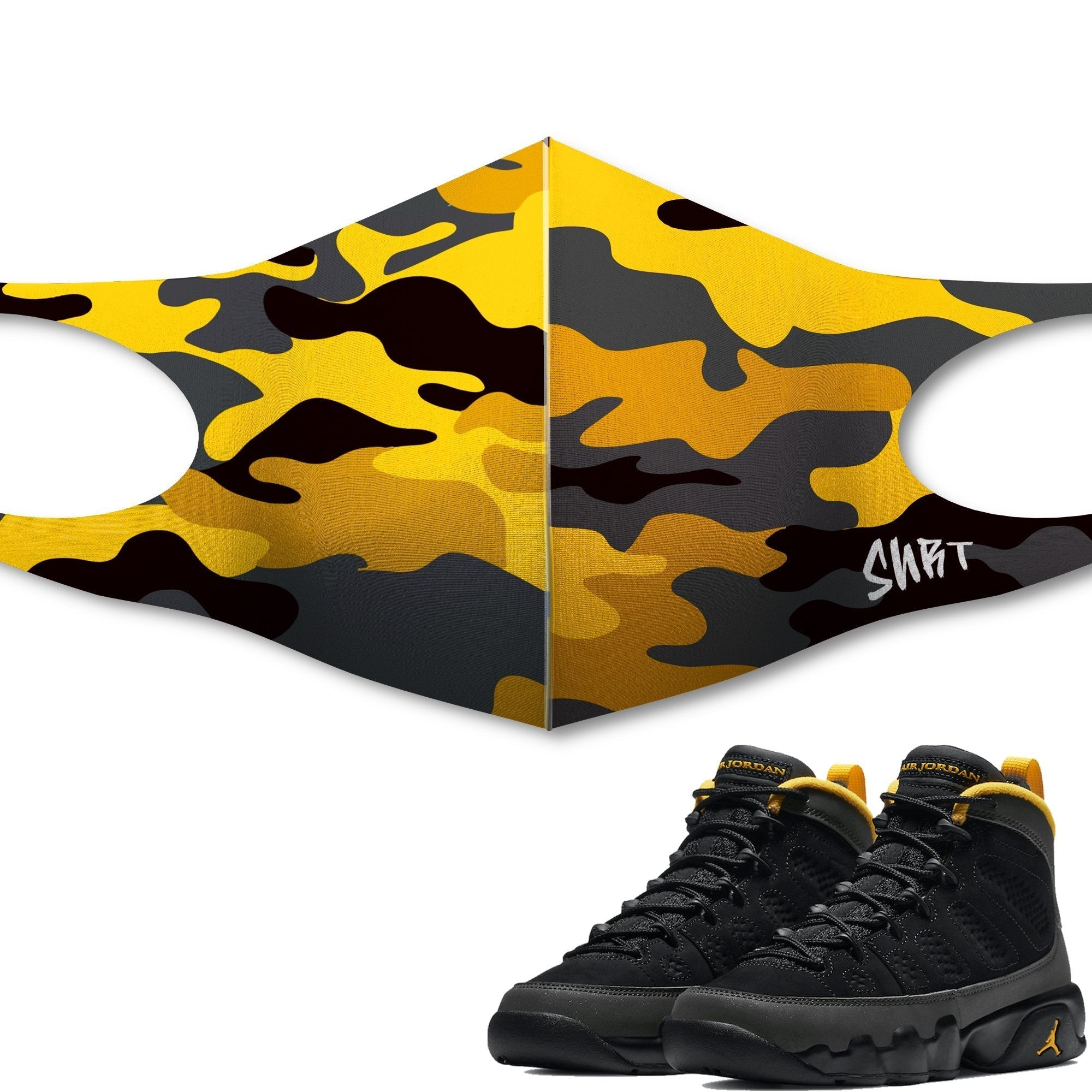 Air Jordan 9 University Gold Sneaker Matching Unisex Face Mask Camo design Mask