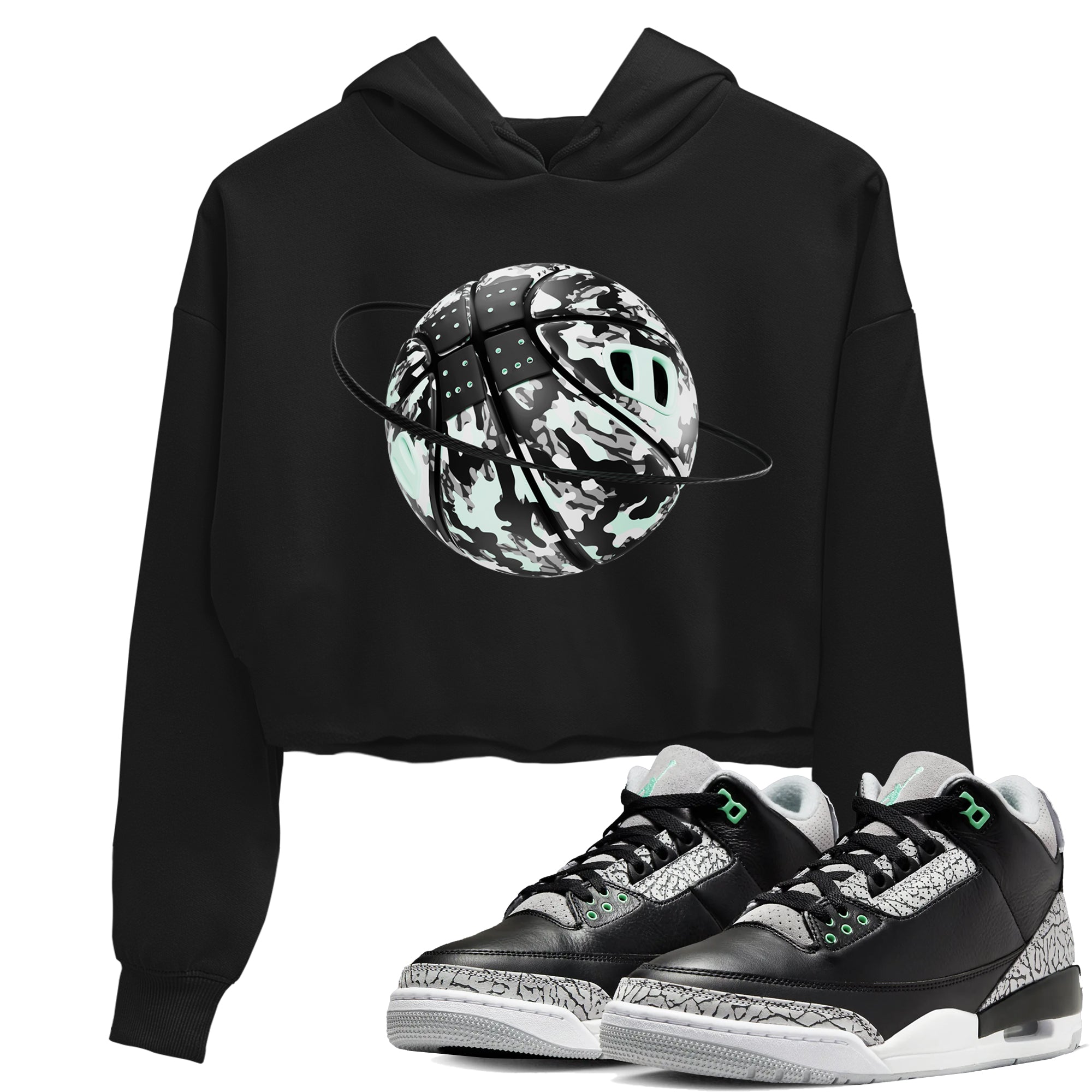 3s Green Glow shirt to match jordans Camo Baketball Planet sneaker tees Air Jordan 3 Green Glow Drip Gear Zone Black 1 crop length shirt