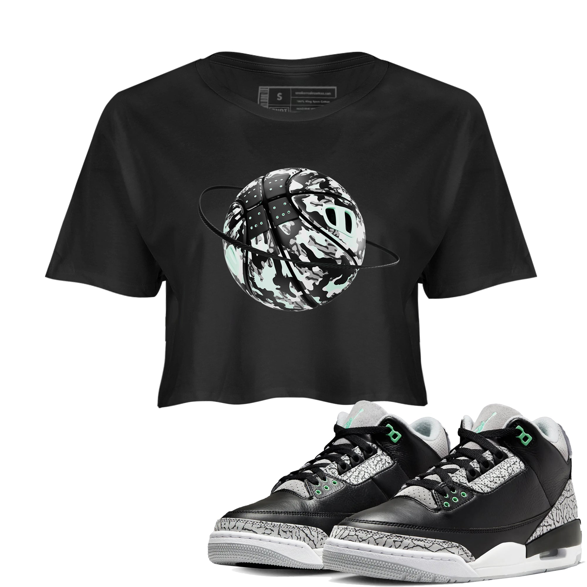 3s Green Glow shirt to match jordans Camo Baketball Planet sneaker tees Air Jordan 3 Green Glow Drip Gear Zone Black 1 crop length shirt