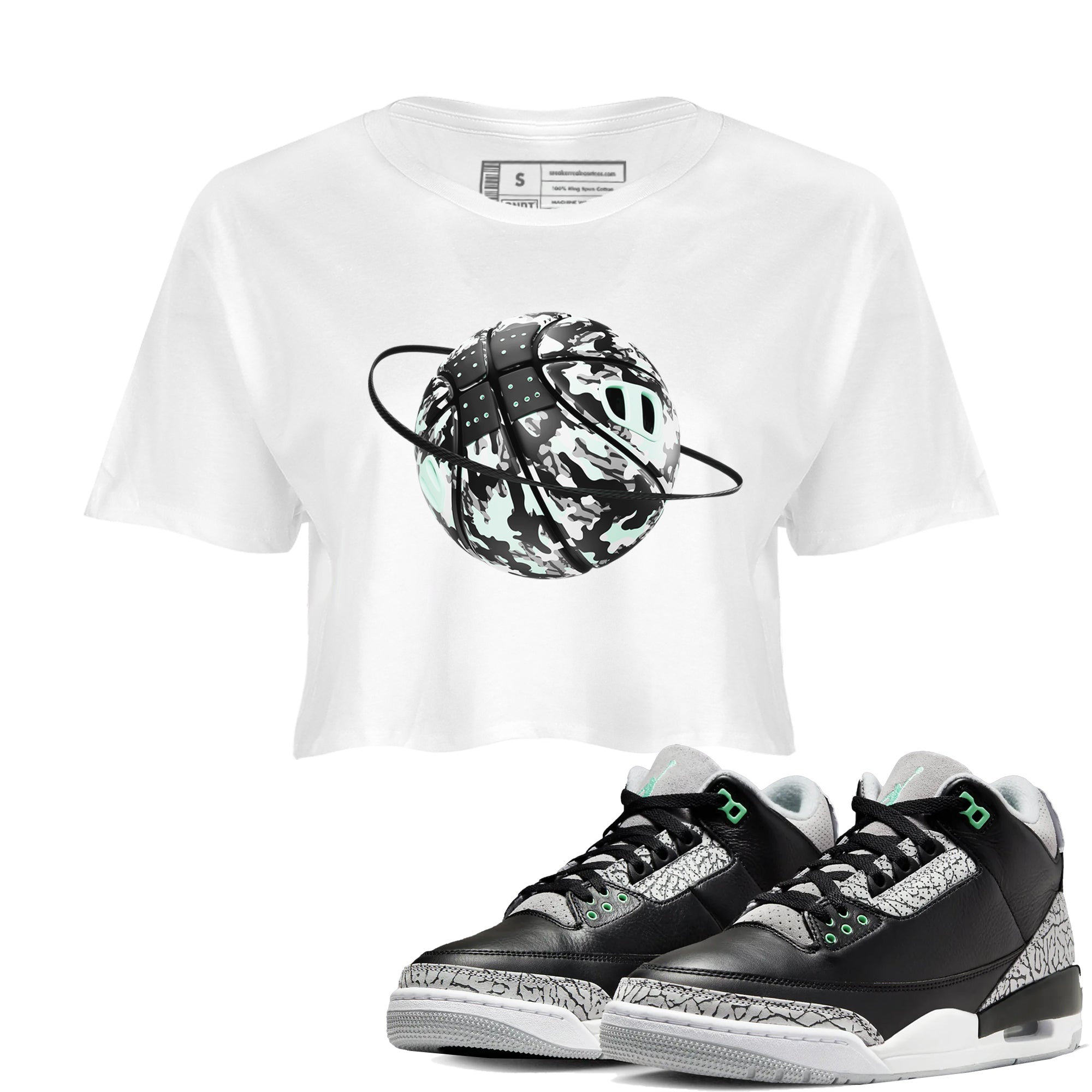 3s Green Glow shirt to match jordans Camo Baketball Planet sneaker tees Air Jordan 3 Green Glow Drip Gear Zone White 1 crop length shirt