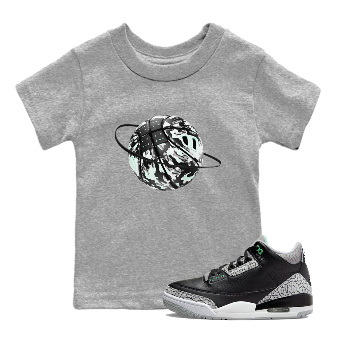 3s Green Glow shirt to match jordans Camo Baketball Planet sneaker tees Air Jordan 3 Green Glow Drip Gear Zone baby toddler Heather Grey 1 cotton Shirt