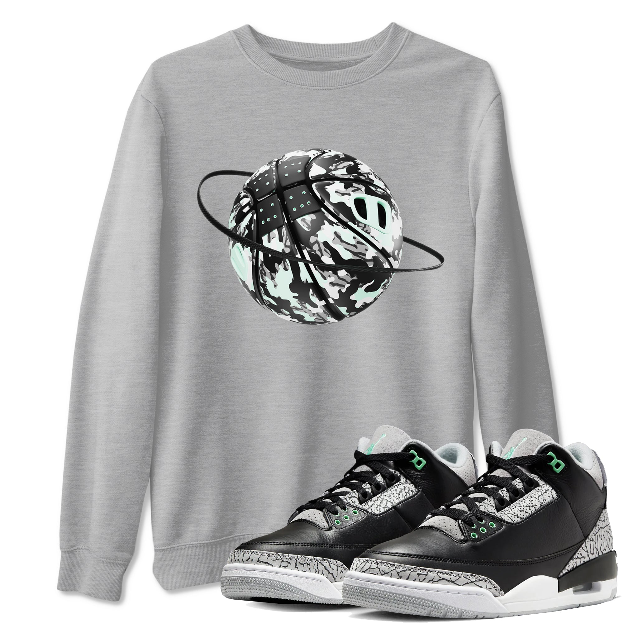 3s Green Glow shirt to match jordans Camo Baketball Planet sneaker tees Air Jordan 3 Green Glow Drip Gear Zone unisex cotton Heather Grey 1 crew neck shirt