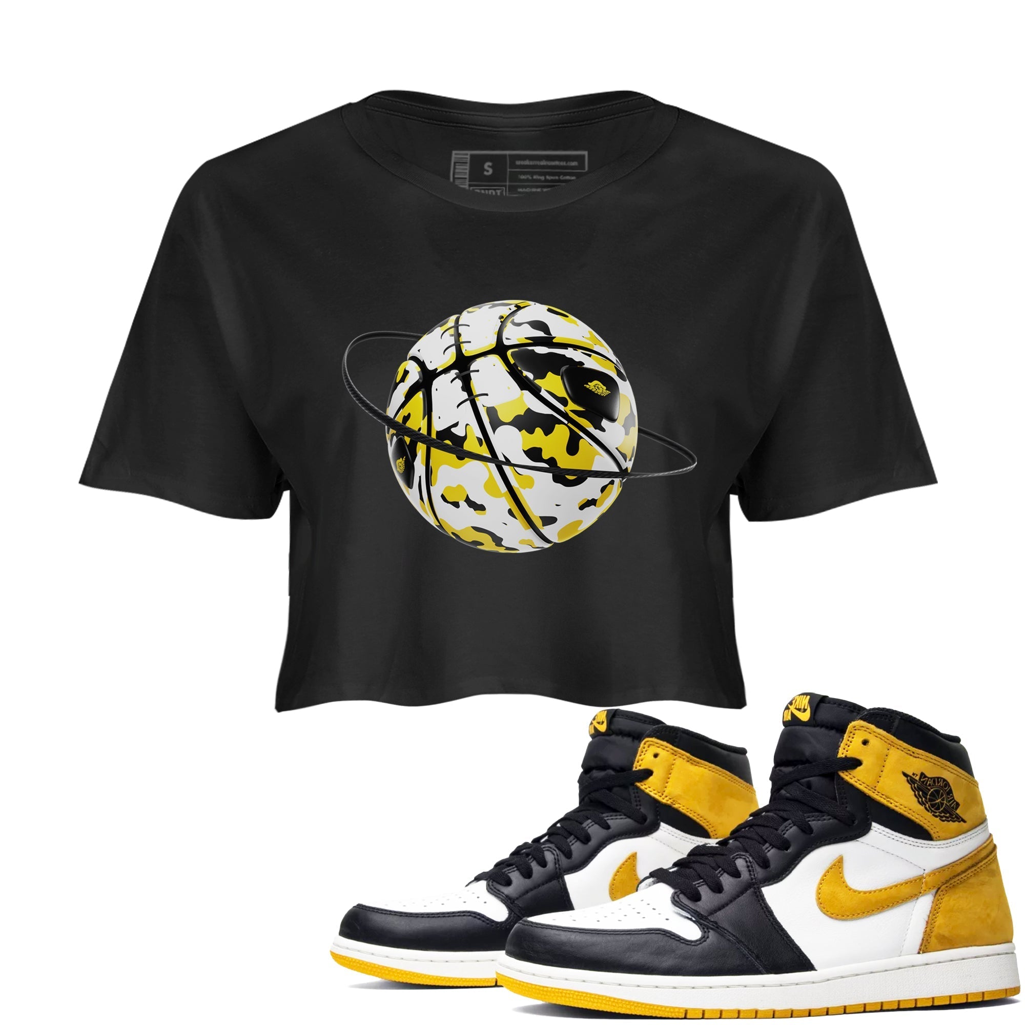 1s Yellow Ochre shirt to match jordans Camo Basketball Planet sneaker tees streetwear brand Air Jordan 1 Yellow Ochre Drip Gear Zone Brand Black 1 crop length shirt