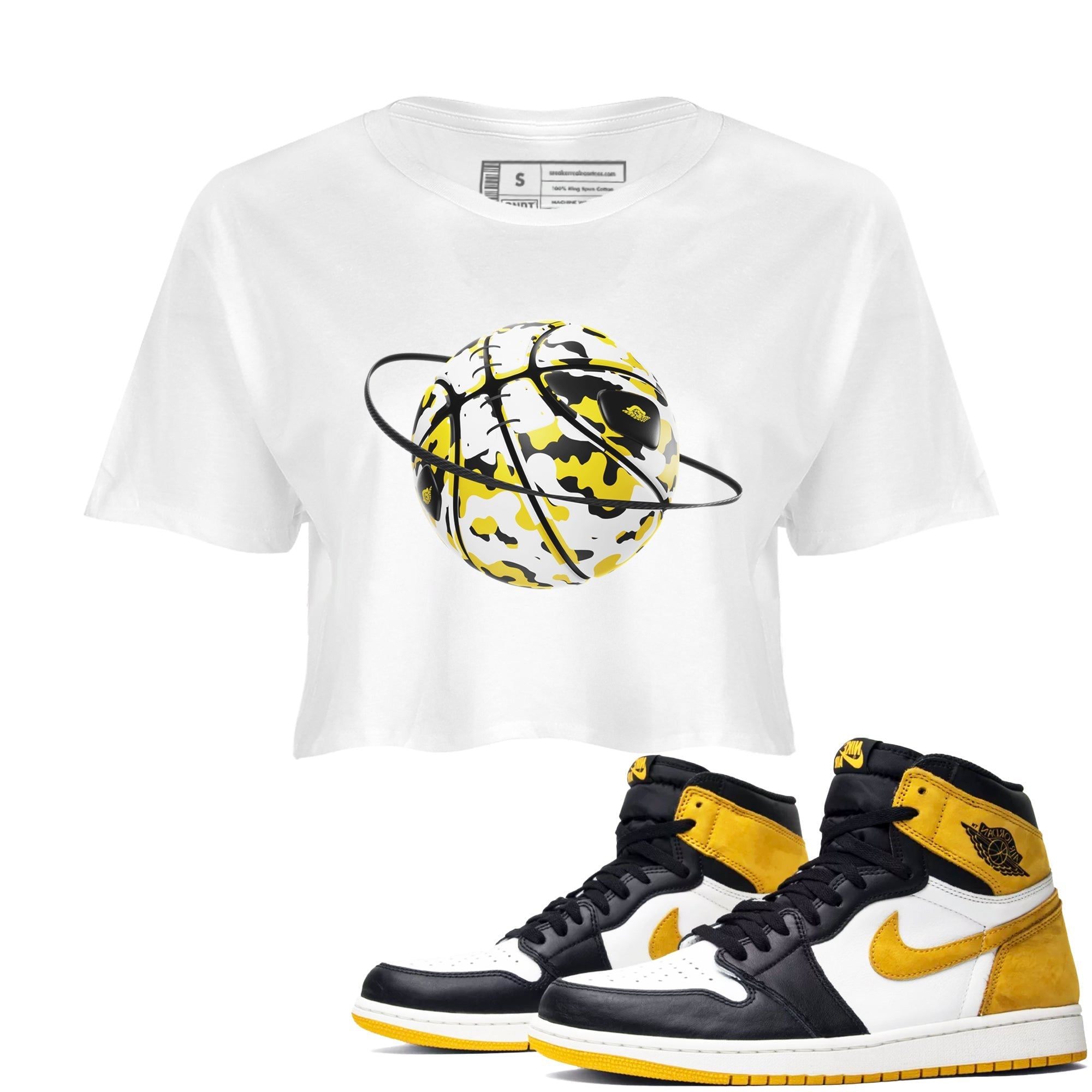 1s Yellow Ochre shirt to match jordans Camo Basketball Planet sneaker tees streetwear brand Air Jordan 1 Yellow Ochre Drip Gear Zone Brand White 1 crop length shirt