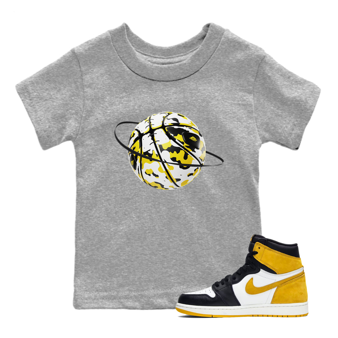 1s Yellow Ochre shirt to match jordans Camo Basketball Planet sneaker tees streetwear brand Air Jordan 1 Yellow Ochre Drip Gear Zone Brand baby toddler Heather Grey 1 cotton Shirt