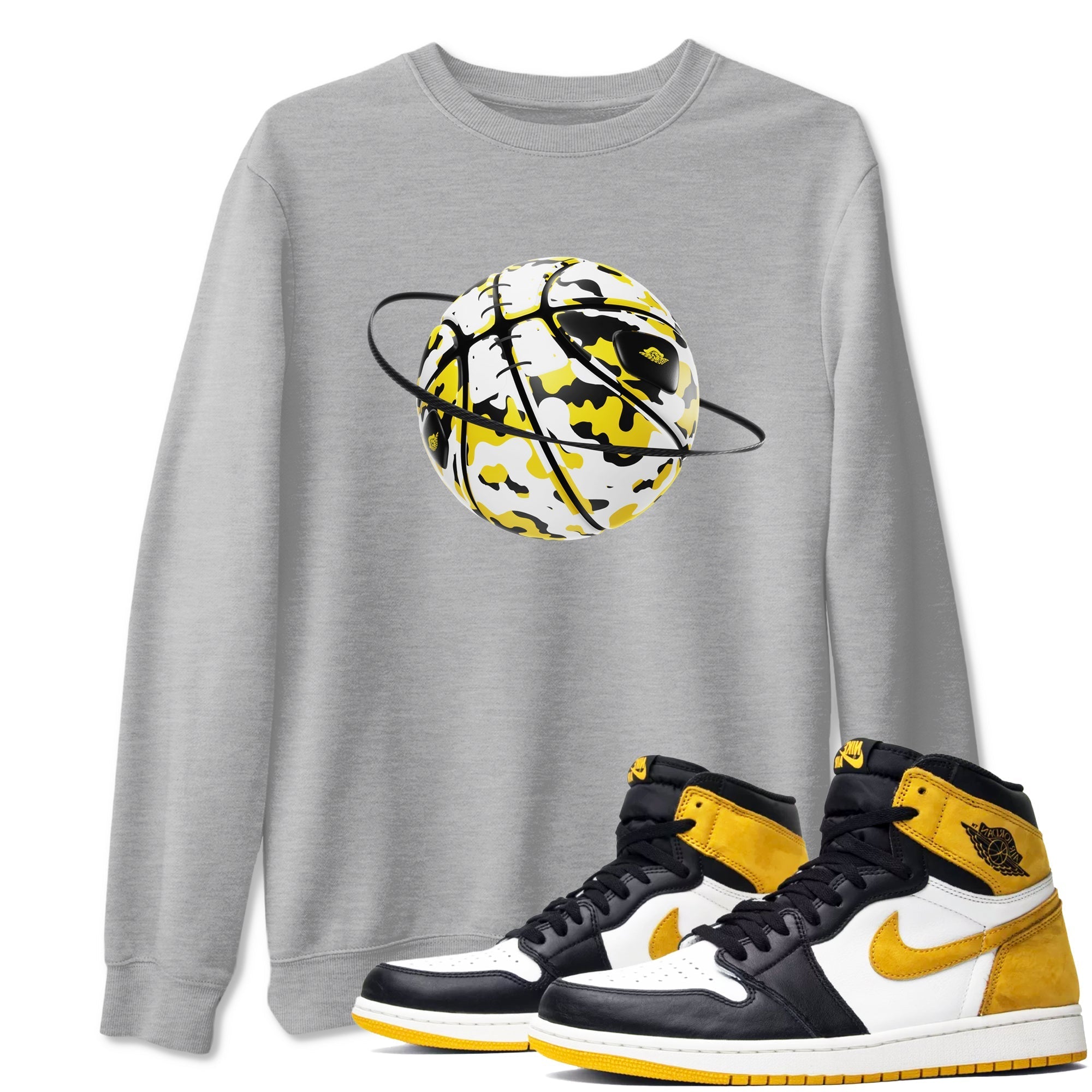 1s Yellow Ochre shirt to match jordans Camo Basketball Planet sneaker tees streetwear brand Air Jordan 1 Yellow Ochre Drip Gear Zone Brand unisex cotton Heather Grey 1 crew neck shirt