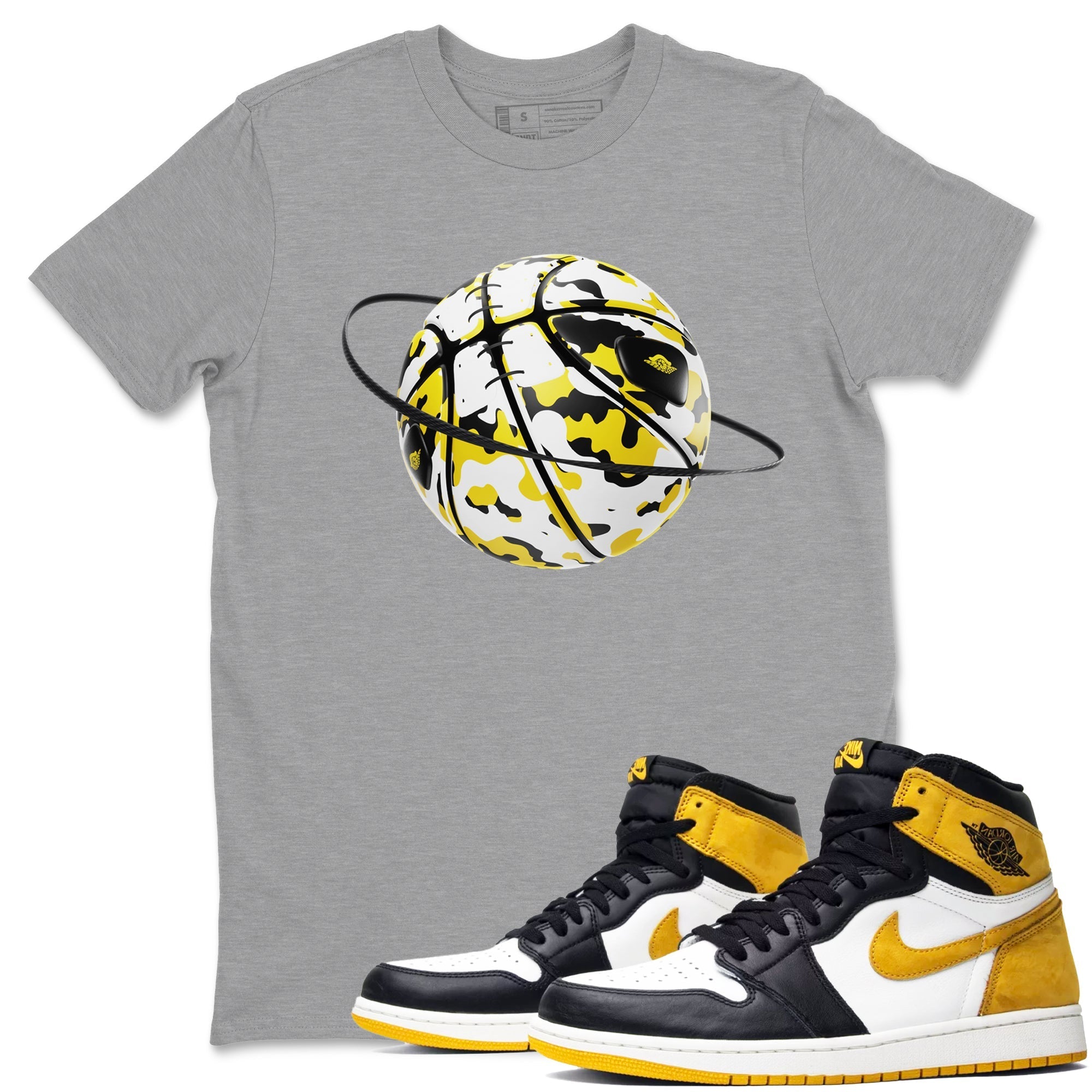 1s Yellow Ochre shirt to match jordans Camo Basketball Planet sneaker tees streetwear brand Air Jordan 1 Yellow Ochre Drip Gear Zone Brand unisex cotton Heather Grey 1 crew neck shirt