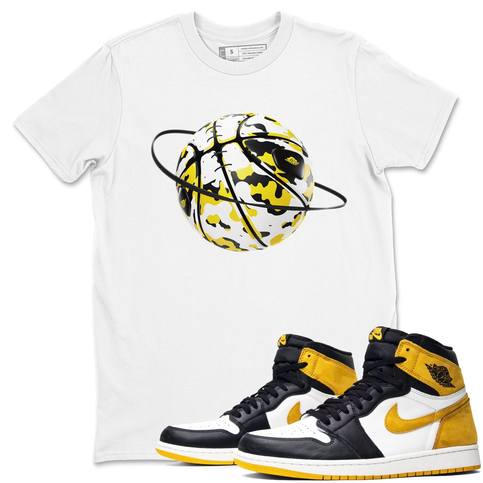 1s Yellow Ochre shirt to match jordans Camo Basketball Planet sneaker tees streetwear brand Air Jordan 1 Yellow Ochre Drip Gear Zone Brand unisex cotton White 1 crew neck shirt