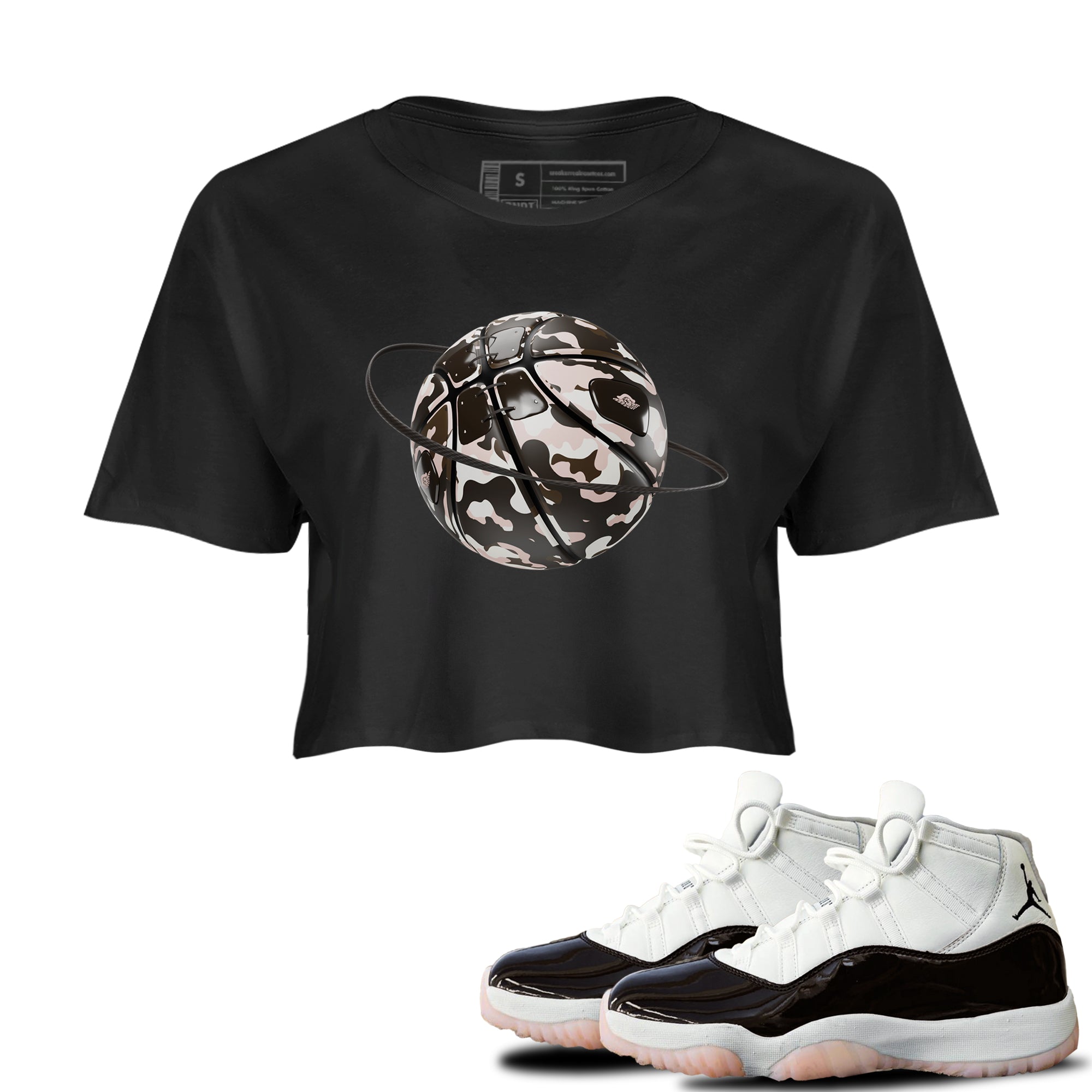 Air Jordan 11 Neapolitan shirt to match jordans Camo Basketball Planet sneaker matching t-shirts and clothing AJ11 Neapolitan Drip Gear Zone Black 1 Crop T-Shirt