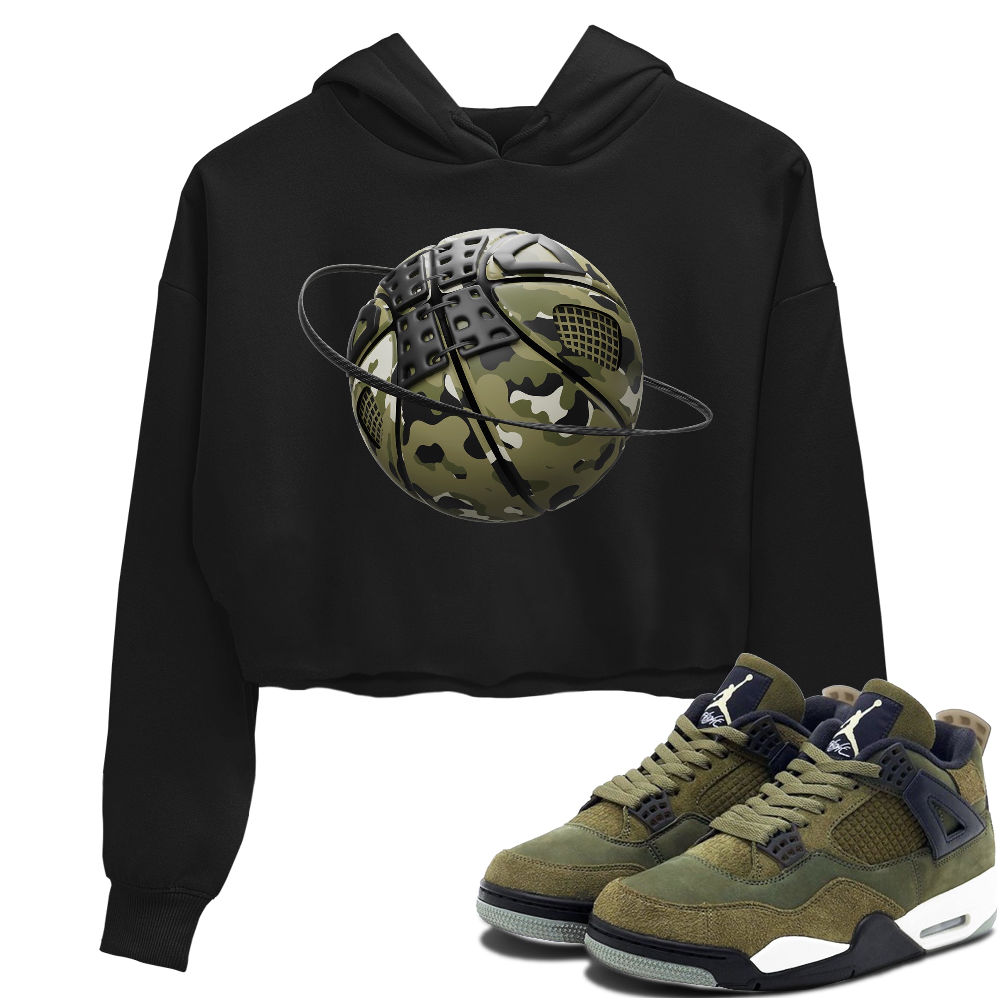 Air Jordan 4 Medium Olive shirt to match jordans streetwear brand Camo Basketball Planet sneaker tees AJ4Medium Olive Drip Gear Zone Black 1 Crop T-Shirt