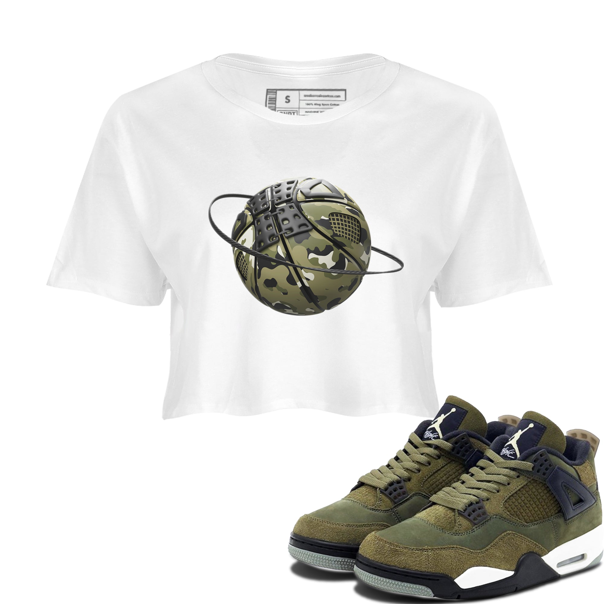 Air Jordan 4 Medium Olive shirt to match jordans streetwear brand Camo Basketball Planet sneaker tees AJ4Medium Olive Drip Gear Zone White 1 Crop T-Shirt
