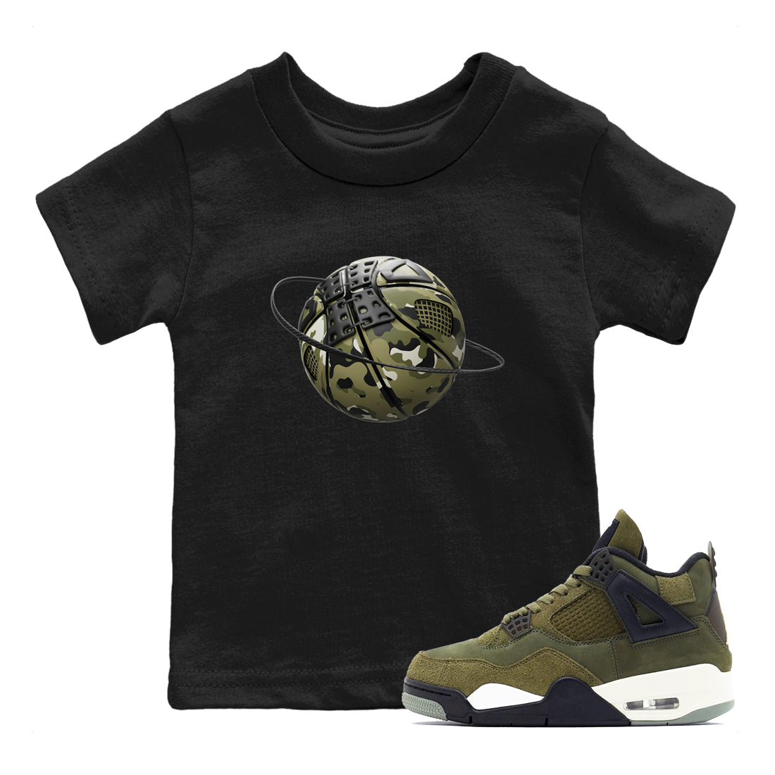 Air Jordan 4 Medium Olive shirt to match jordans streetwear brand Camo Basketball Planet sneaker tees AJ4Medium Olive Drip Gear Zone Baby Toddler Black 1 T-Shirt