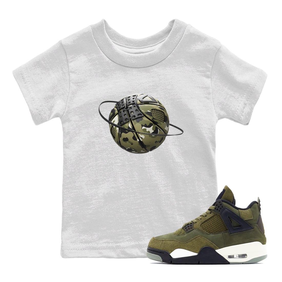 Air Jordan 4 Medium Olive shirt to match jordans streetwear brand Camo Basketball Planet sneaker tees AJ4Medium Olive Drip Gear Zone Baby Toddler White 1 T-Shirt