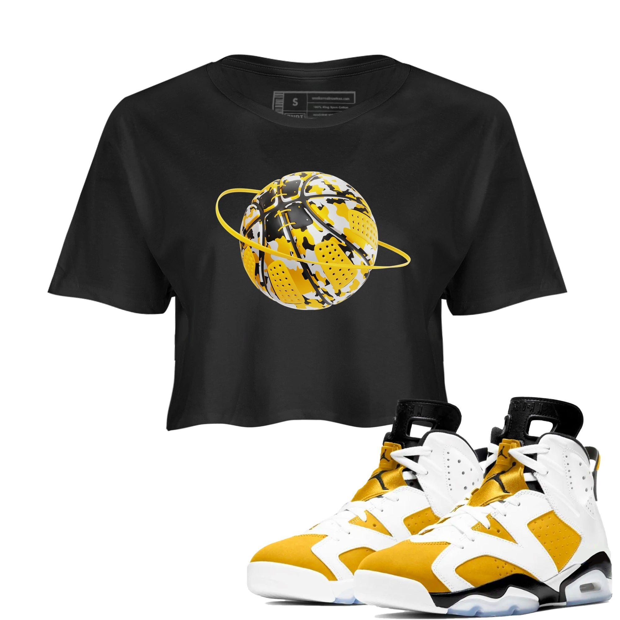 6s Yellow Ochre shirt to match jordans Camo Basketball Planet sneaker tees streetwear brand Air Jordan 6 Yellow Ochre Drip Gear Zone Brand Black 1 Crop T-Shirt