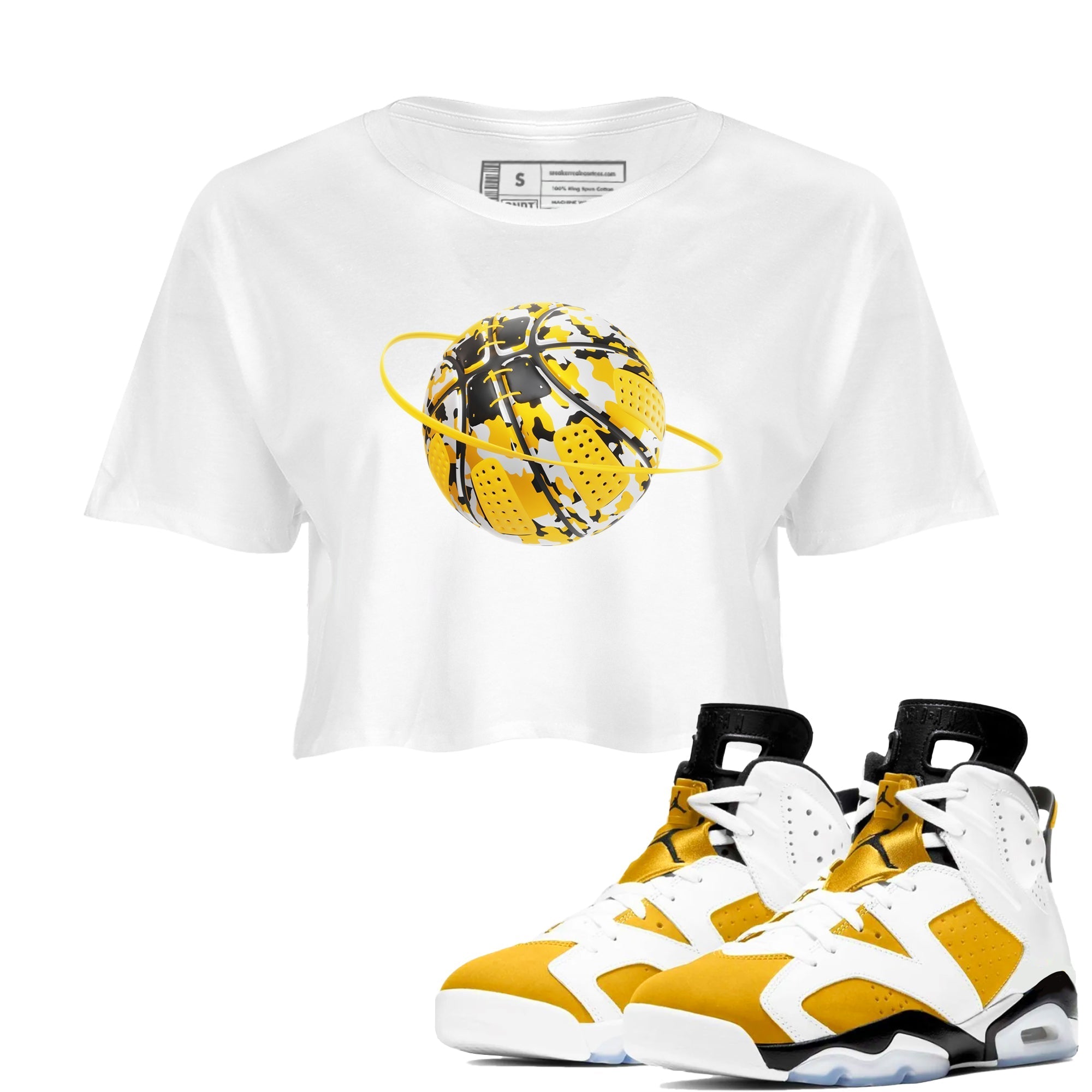 6s Yellow Ochre shirt to match jordans Camo Basketball Planet sneaker tees streetwear brand Air Jordan 6 Yellow Ochre Drip Gear Zone Brand White 1 Crop T-Shirt