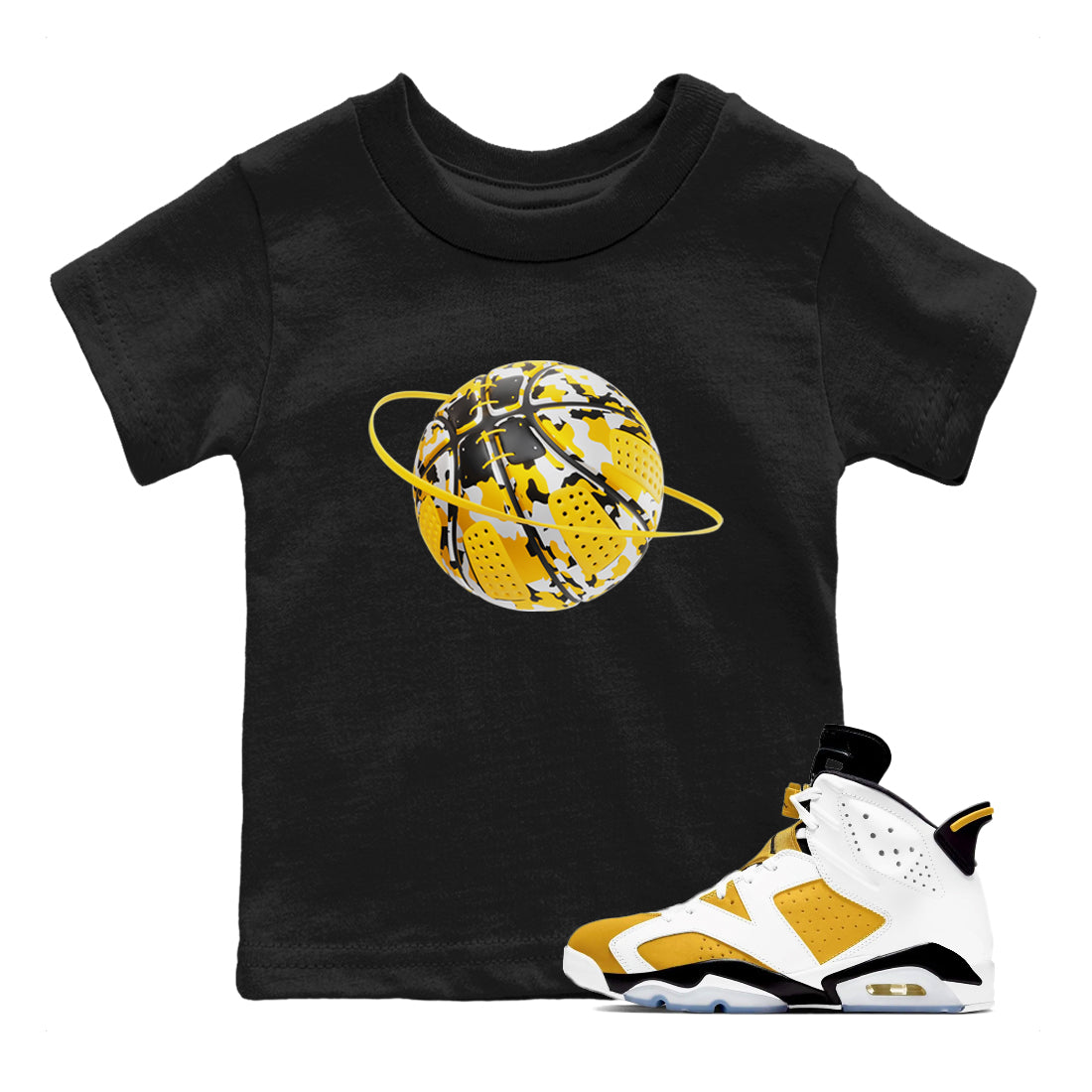 6s Yellow Ochre shirt to match jordans Camo Basketball Planet sneaker tees streetwear brand Air Jordan 6 Yellow Ochre Drip Gear Zone Brand Baby Toddler Black 1 T-Shirt