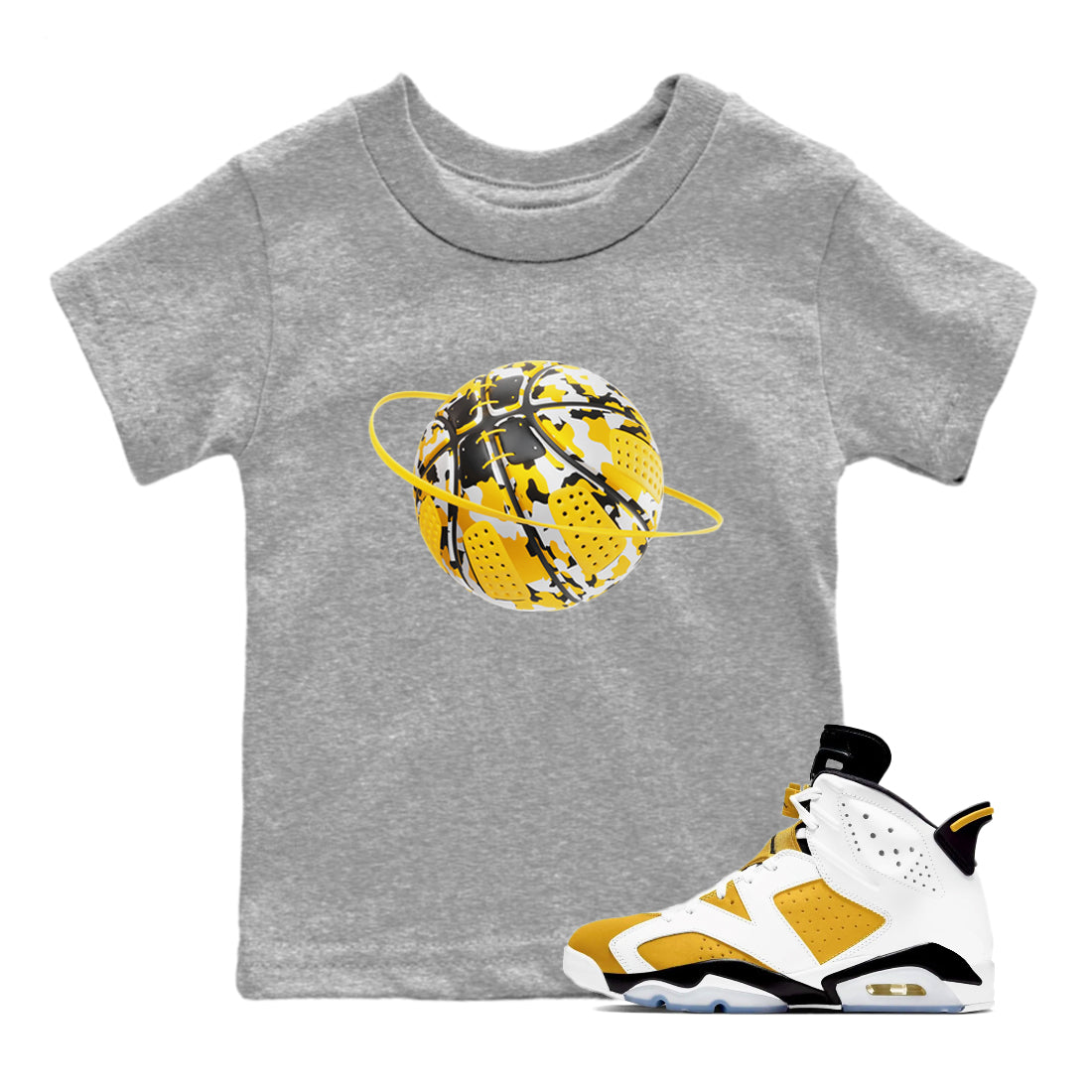 6s Yellow Ochre shirt to match jordans Camo Basketball Planet sneaker tees streetwear brand Air Jordan 6 Yellow Ochre Drip Gear Zone Brand Baby Toddler Heather Grey 1 T-Shirt
