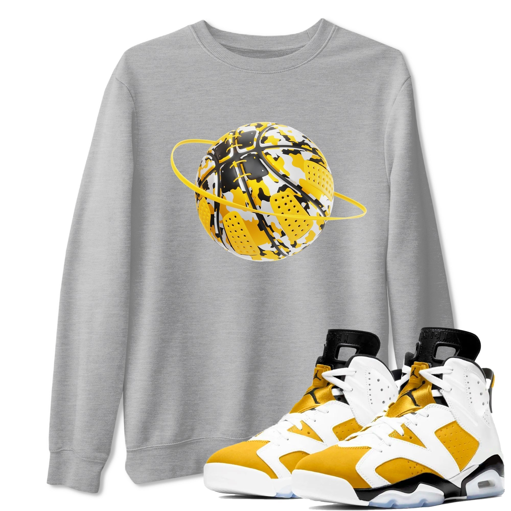 6s Yellow Ochre shirt to match jordans Camo Basketball Planet sneaker tees streetwear brand Air Jordan 6 Yellow Ochre Drip Gear Zone Brand Unisex Heather Grey 1 T-Shirt