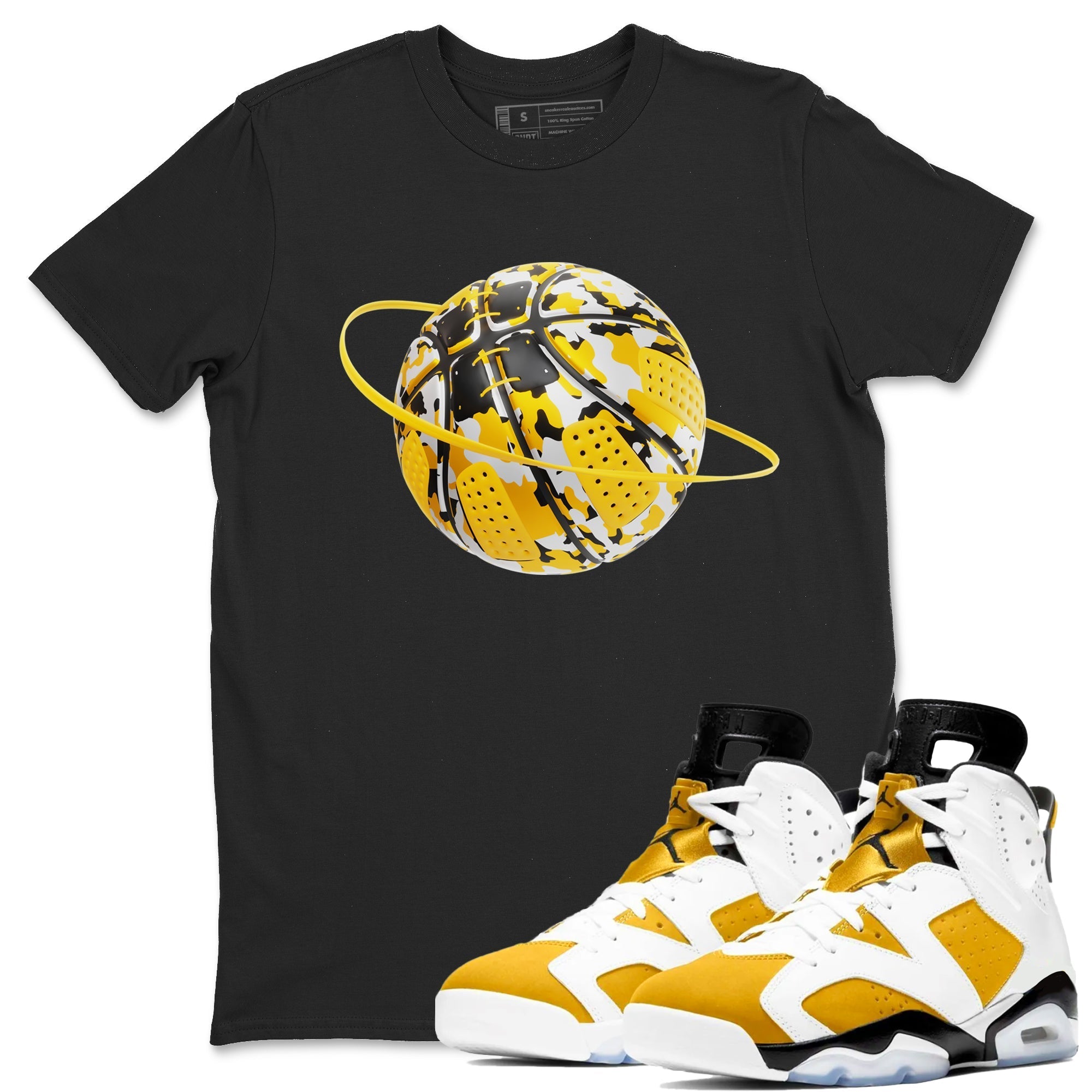 6s Yellow Ochre shirt to match jordans Camo Basketball Planet sneaker tees streetwear brand Air Jordan 6 Yellow Ochre Drip Gear Zone Brand Unisex Black 1 T-Shirt