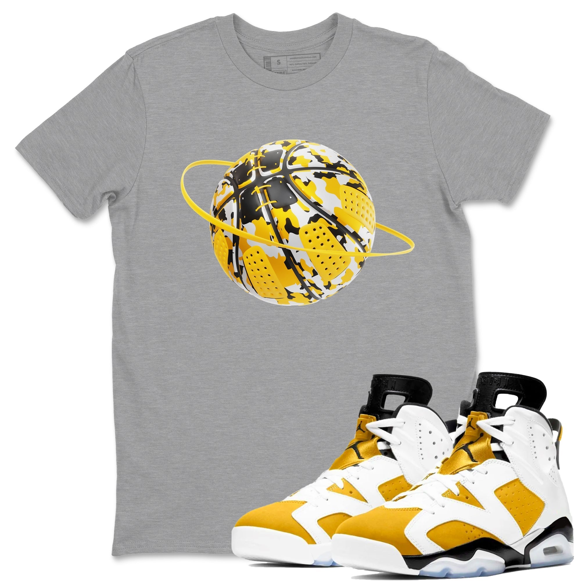 6s Yellow Ochre shirt to match jordans Camo Basketball Planet sneaker tees streetwear brand Air Jordan 6 Yellow Ochre Drip Gear Zone Brand Unisex Heather Grey 1 T-Shirt