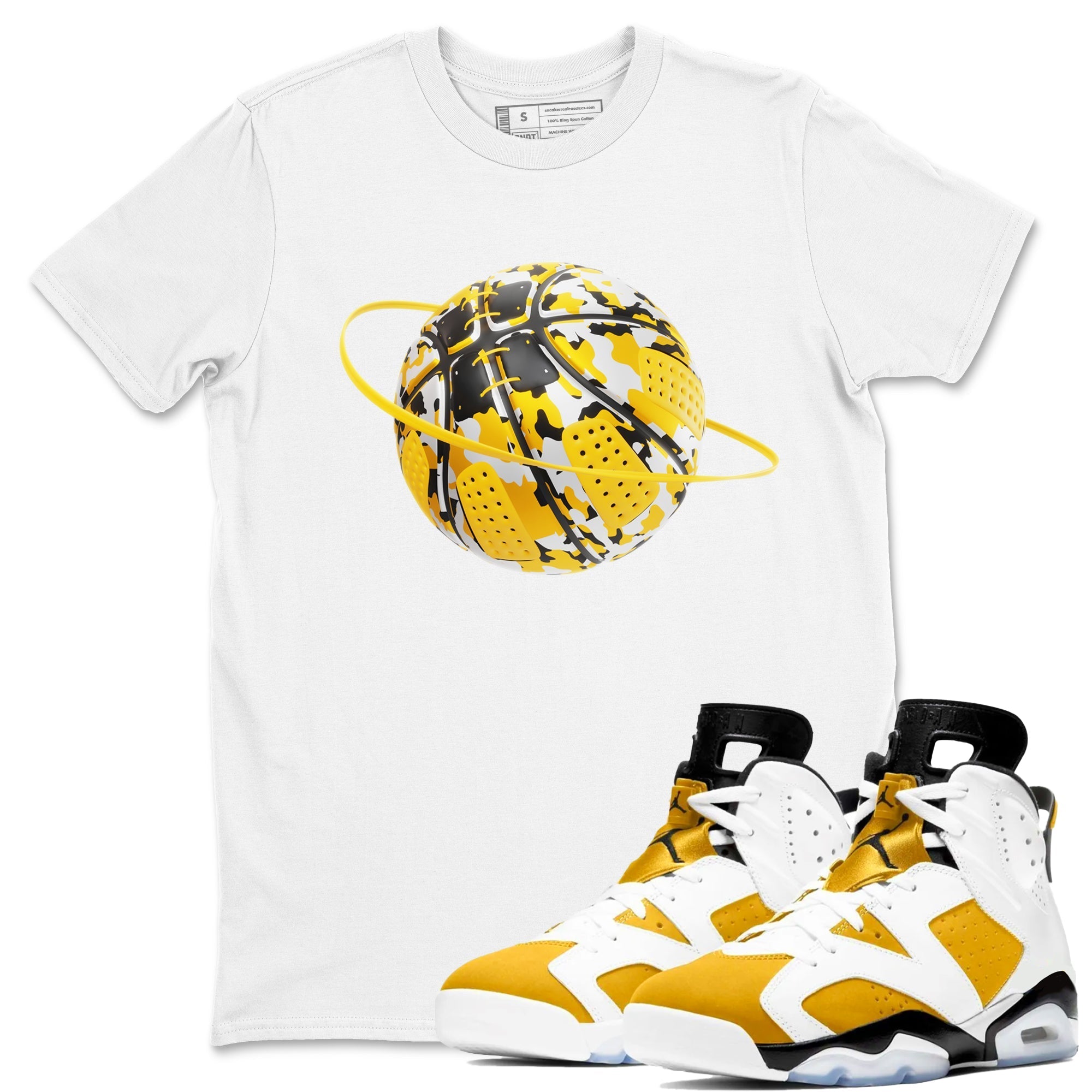 6s Yellow Ochre shirt to match jordans Camo Basketball Planet sneaker tees streetwear brand Air Jordan 6 Yellow Ochre Drip Gear Zone Brand Unisex White 1 T-Shirt