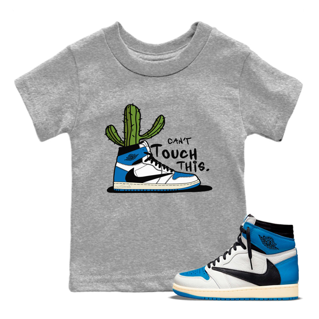 Air Jordan 1 Travis Scott Fragment Sneaker Match Tees Can't Touch This Streetwear Sneaker Shirt Air Jordan 1 High OG x Travis Scott x Fragment Sneaker Release Tees Kids Shirts Heather Grey 1