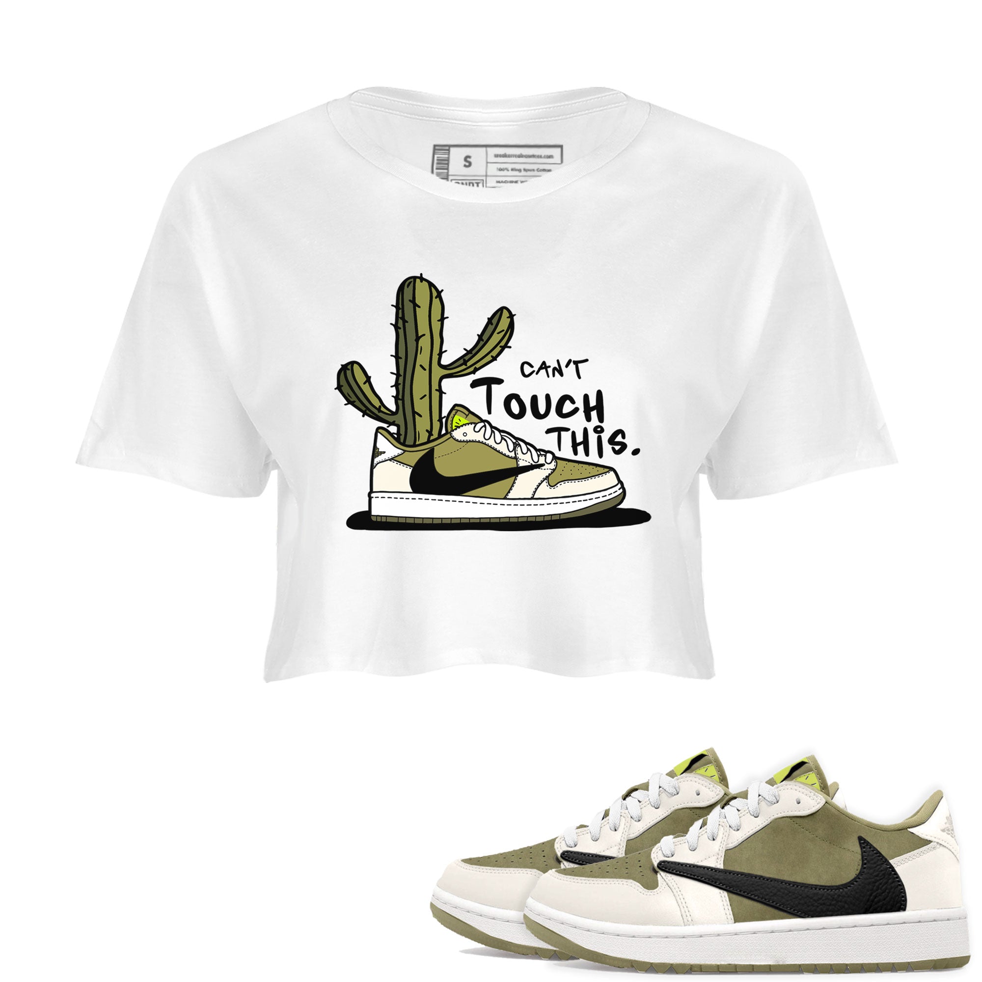 Air Jordan 1 X Travis Scott Golf Olive shirt to match jordans Can't Touch This Streetwear Sneaker Shirt Air Jordan 1 Travis Scott Golf Drip Gear Zone Sneaker Matching Clothing White 1 Crop T-Shirt