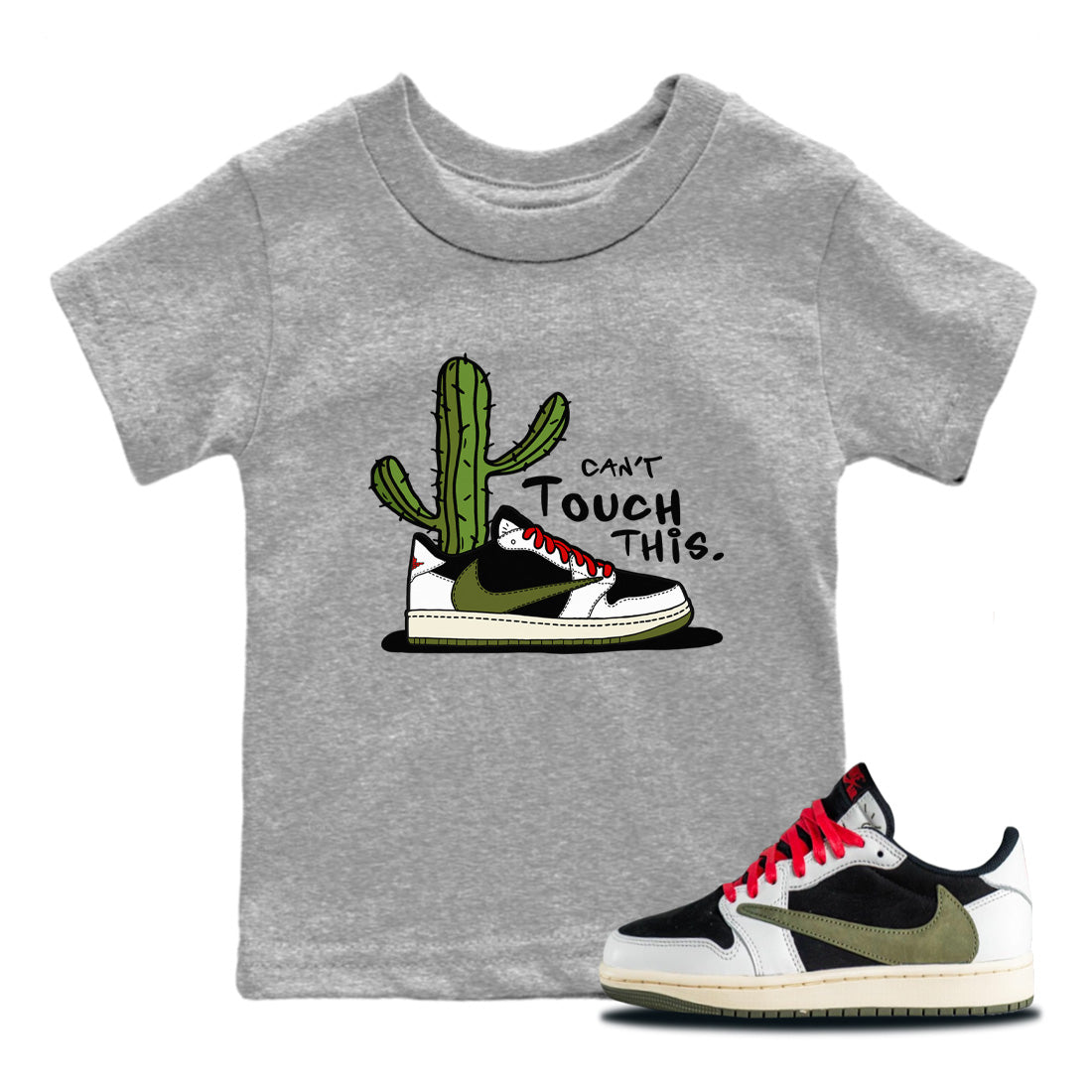 Air Jordan 1 Travis Scott Olive Sneaker Match Tees Can't Touch This Streetwear Sneaker Shirt Air Jordan 1 Low x Travis Scott x Olive Sneaker Release Tees Kids Shirts Heather Grey 1