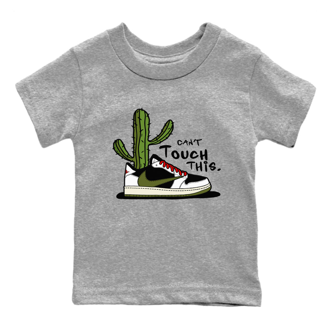 Air Jordan 1 Travis Scott Olive Sneaker Match Tees Can't Touch This Streetwear Sneaker Shirt Air Jordan 1 Low x Travis Scott x Olive Sneaker Release Tees Kids Shirts Heather Grey 2