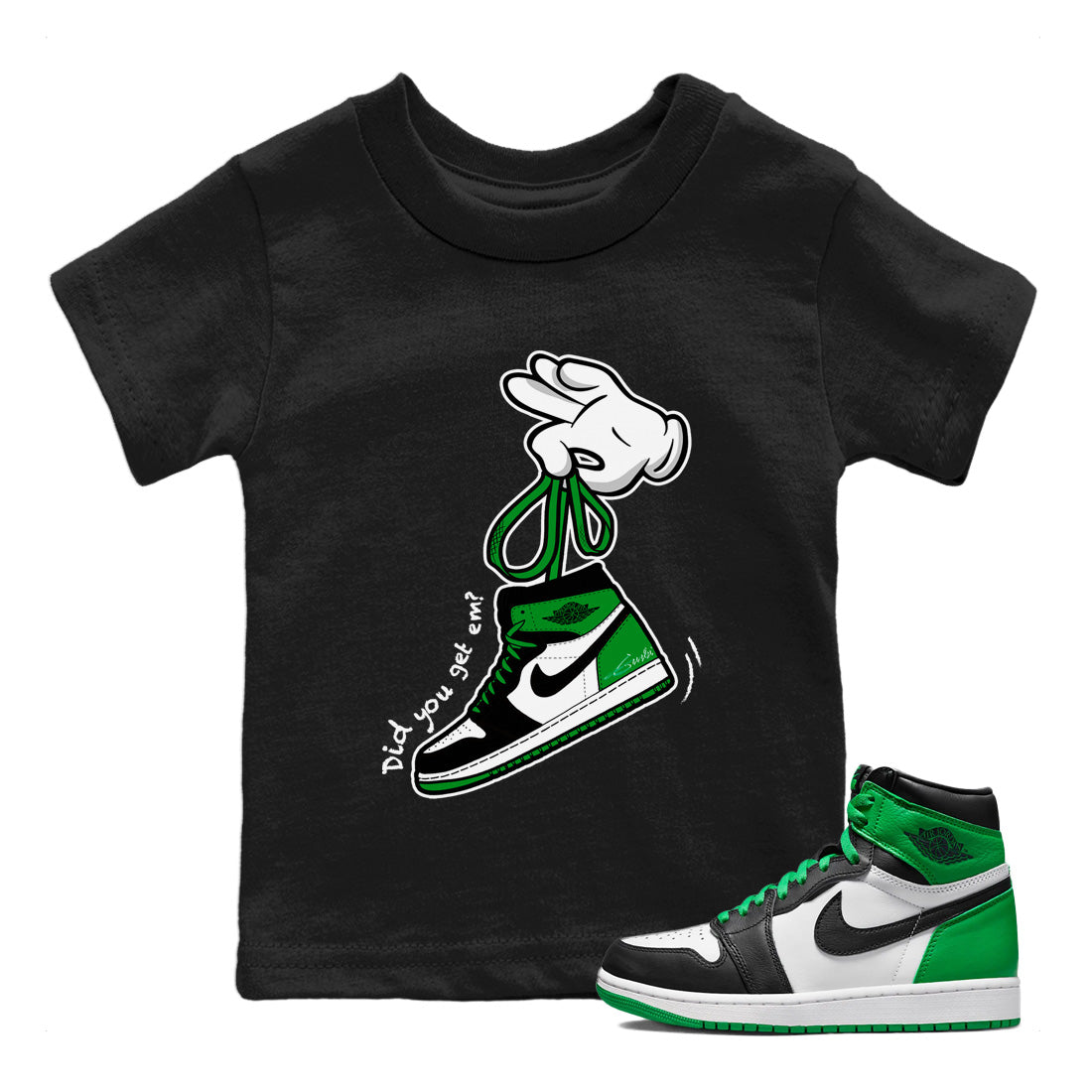 Air Jordan 1 Celtics Sneaker Match Tees Cartoon Hands Streetwear Sneaker Shirt Air Jordan 1 High OG Celtics Sneaker Release Tees Kids Shirts Black 1