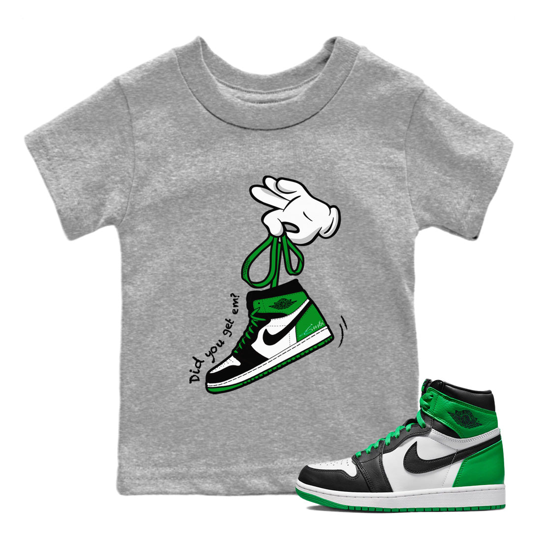 Air Jordan 1 Celtics Sneaker Match Tees Cartoon Hands Streetwear Sneaker Shirt Air Jordan 1 High OG Celtics Sneaker Release Tees Kids Shirts Heather Grey 1