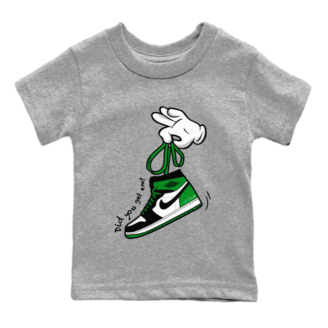 Air Jordan 1 Celtics Sneaker Match Tees Cartoon Hands Streetwear Sneaker Shirt Air Jordan 1 High OG Celtics Sneaker Release Tees Kids Shirts Heather Grey 2
