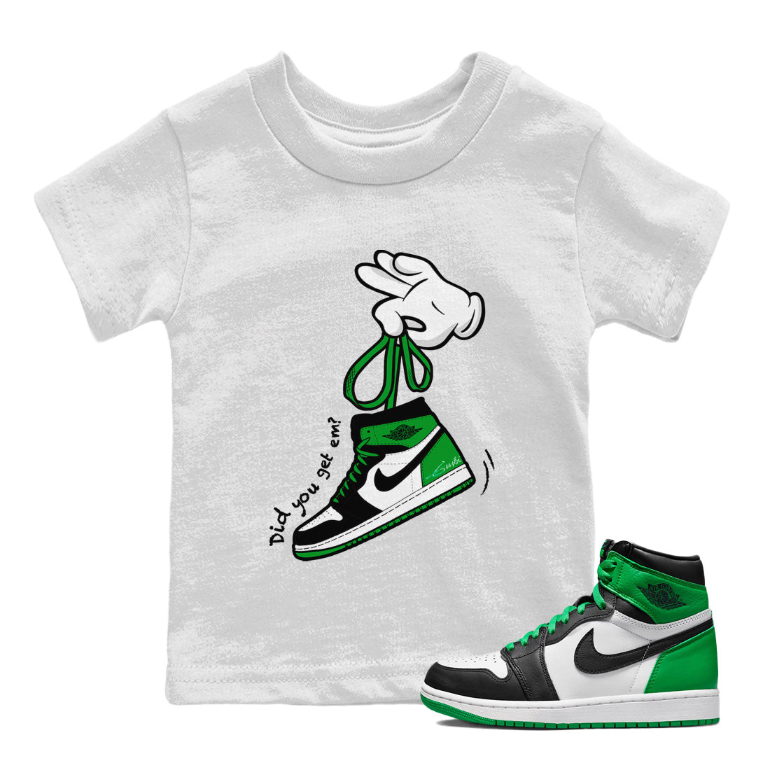 Air Jordan 1 Celtics Sneaker Match Tees Cartoon Hands Streetwear Sneaker Shirt Air Jordan 1 High OG Celtics Sneaker Release Tees Kids Shirts White 1
