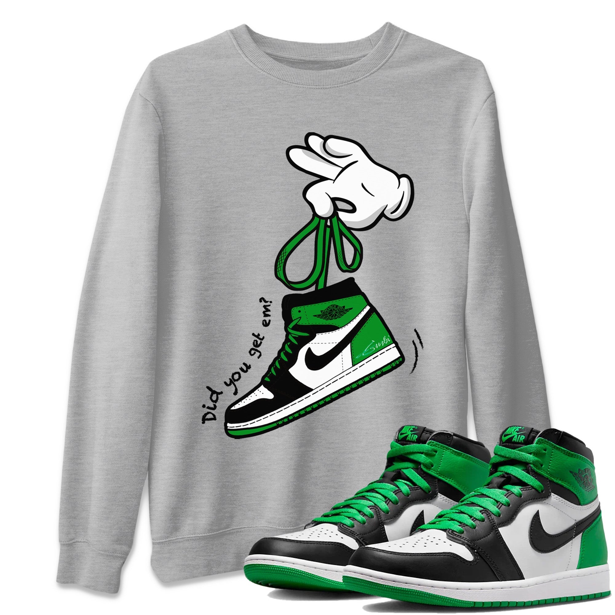 Air Jordan 1 Celtics Sneaker Match Tees Cartoon Hands Streetwear Sneaker Shirt Air Jordan 1 High OG Celtics Sneaker Release Tees Unisex Shirts Heather Grey 1
