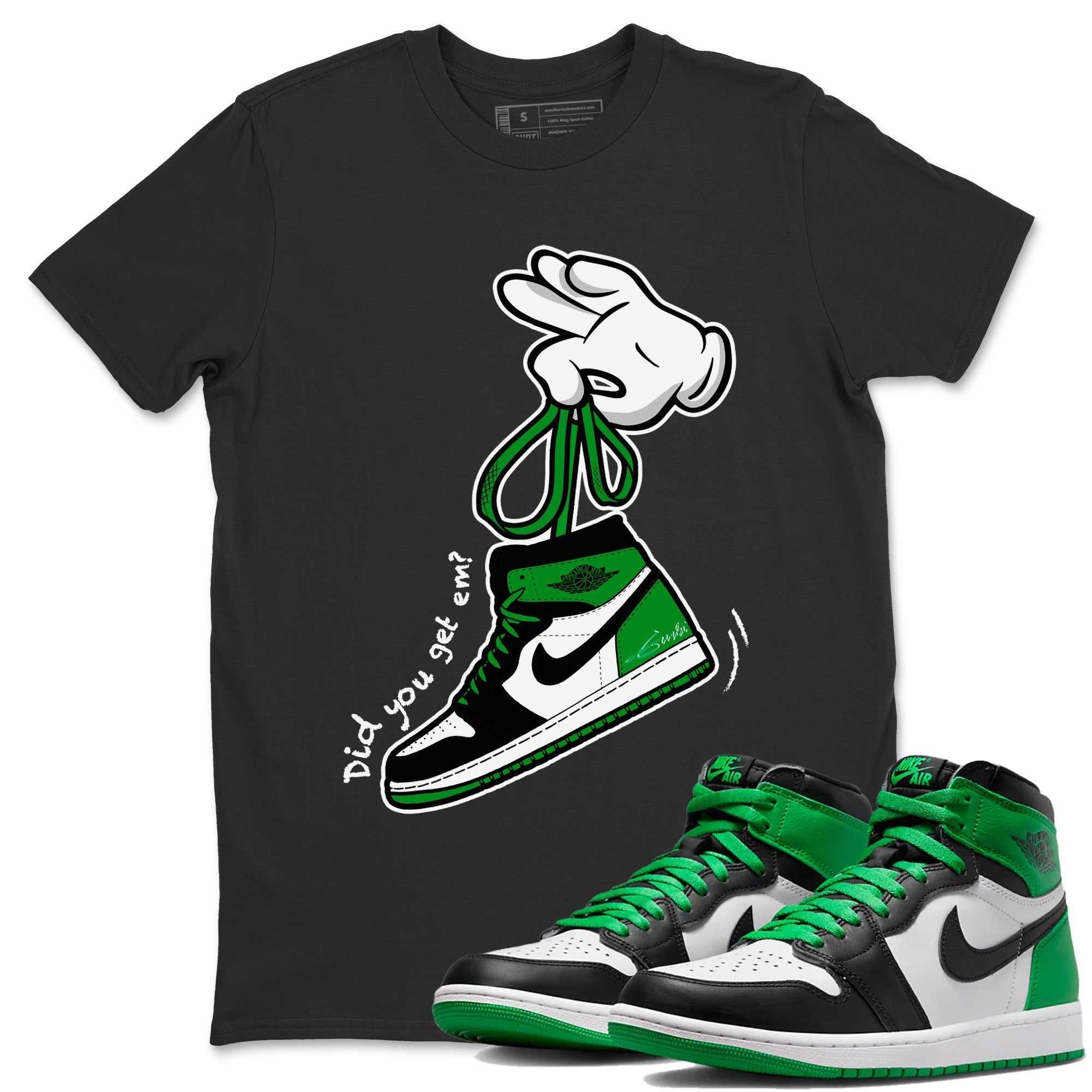 Air Jordan 1 Celtics Sneaker Match Tees Cartoon Hands Streetwear Sneaker Shirt Air Jordan 1 High OG Celtics Sneaker Release Tees Unisex Shirts Black 1