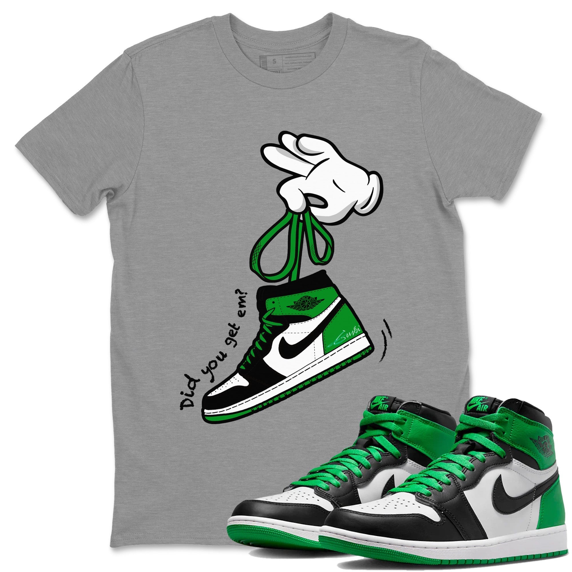 Air Jordan 1 Celtics Sneaker Match Tees Cartoon Hands Streetwear Sneaker Shirt Air Jordan 1 High OG Celtics Sneaker Release Tees Unisex Shirts Heather Grey 1