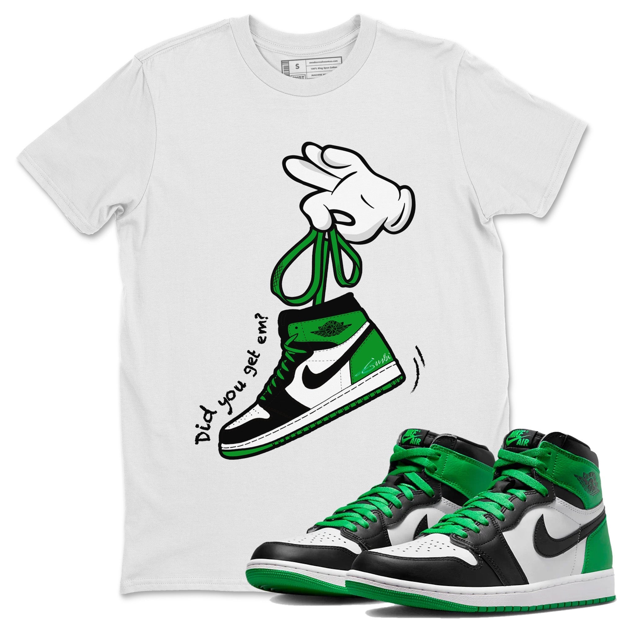 Air Jordan 1 Celtics Sneaker Match Tees Cartoon Hands Streetwear Sneaker Shirt Air Jordan 1 High OG Celtics Sneaker Release Tees Unisex Shirts White 1