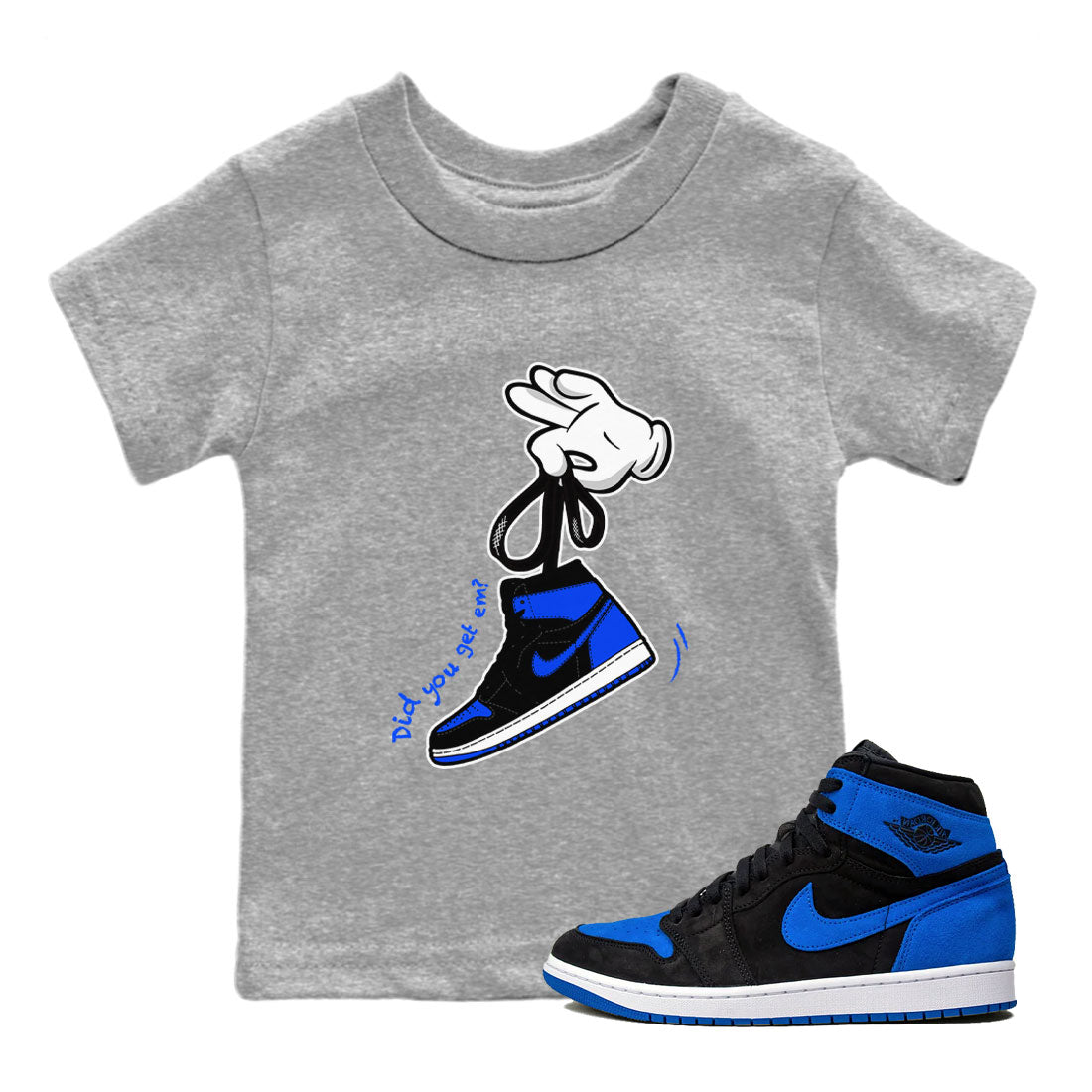 Air Jordan 1 Royal Reimagined shirt to match jordans Cartoon Hands sneaker tees Air Jordan 1 High OG Royal Reimagined Drip Gear Zone Kids Baby Toddler sneaker shirts Heather Grey 1 T-Shirt