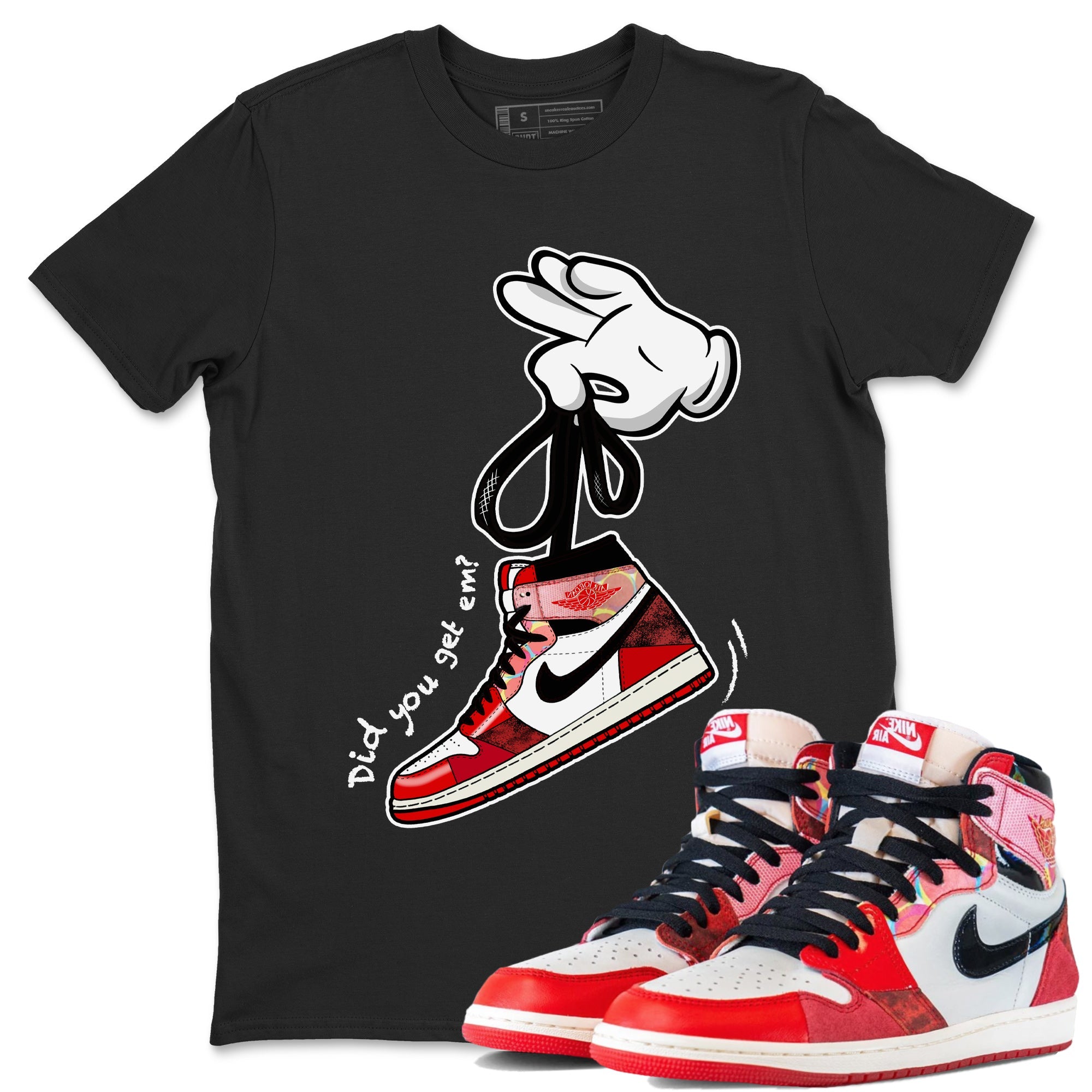 Air Jordan 1 Spider Man Sneaker Match Tees Cartoon Hands Sneaker Release Tees Air Jordan 1 High OG x Spider Man Shirts Unisex Shirts Black 1